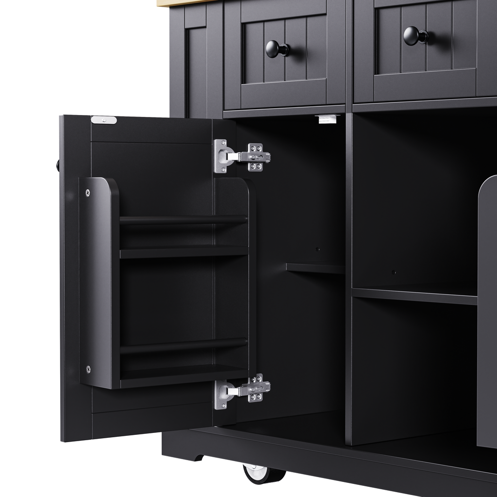 K&K 53inch Large Kitchen Island with 2 Bar Stools, Power Outlet,Door Internal Storage Rack, Kitchen Storage Cart on 5 Wheels with Drop Leaf, 5 Open Side Racks, 3 Drawers,Black (Three Packages) - Grand Goldman Shop