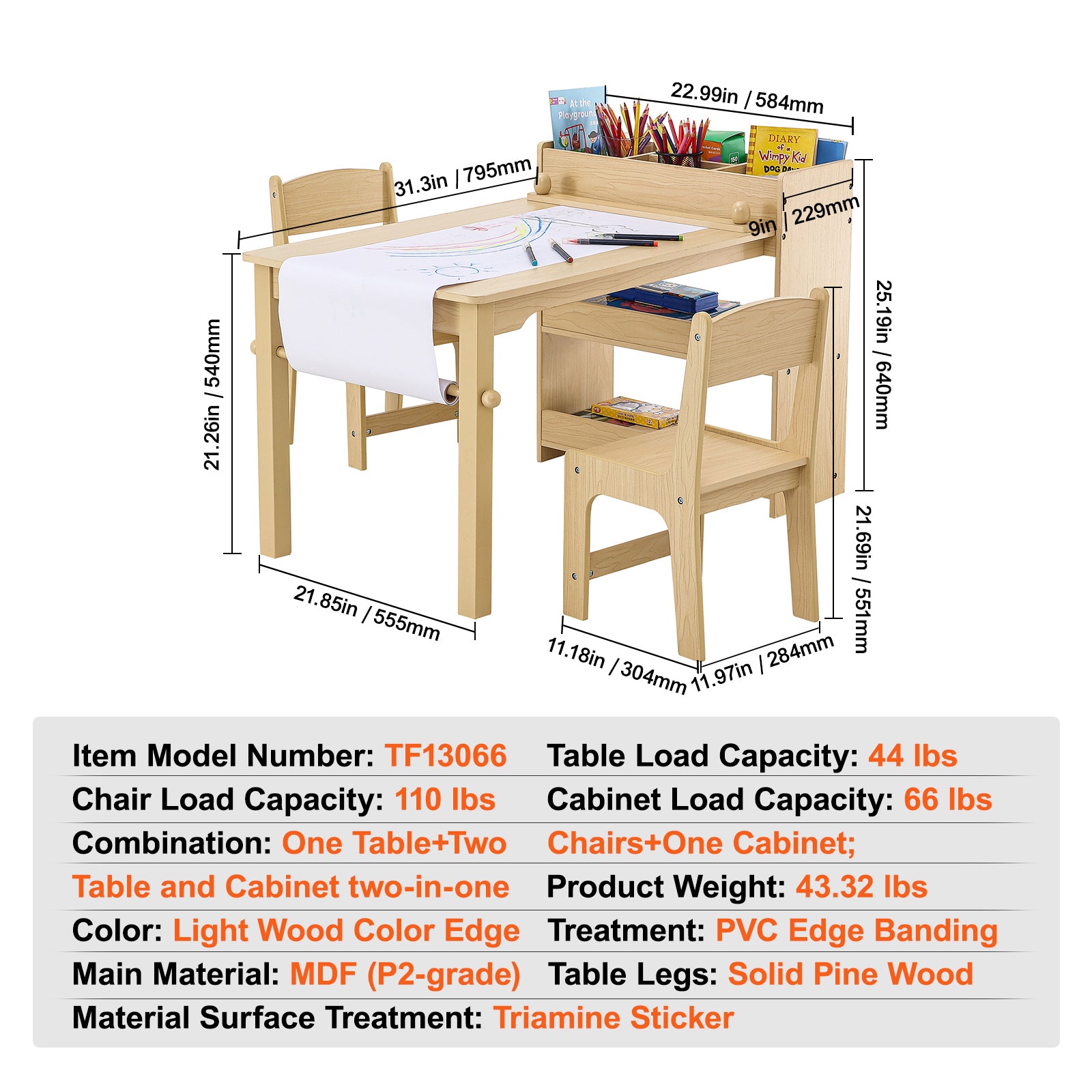 Kids Art Table and 2 Chairs, 2-in-1 Toddler Craft and Play Activity Table, Wood Toddler Table and Chair Set with A Cabinet fo