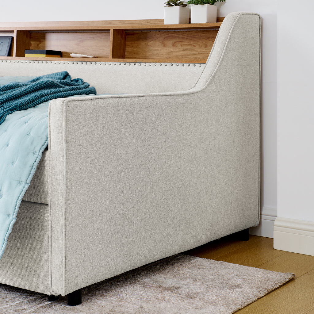 Beige Linen Upholstered Twin Sofa Bed with LED Lights, Wireless Charging, Adjustable Headboard Storage & Foldable Trundle, 80.5''x46''x34'' - Grand Goldman Shop
