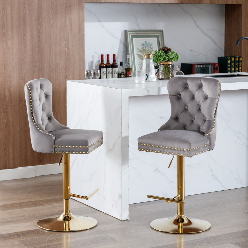 A&A Furniture Modern Upholstered Velvet Bar Stools with Adjustable Swivel Seat Height in Gray, Set of 2 - Grand Goldman Shop