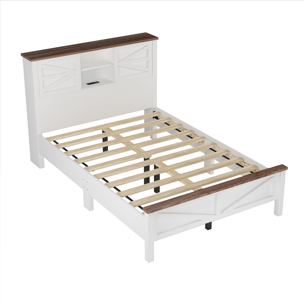 3-Pieces Bedroom Sets Full Size Farmhouse Platform Bed with Double Sliding Door Storage Headboard and Charging Station, Storage Nightstand and Dresser, White+Brown(Old SKU HL000091AAK) - Grand Goldman Shop