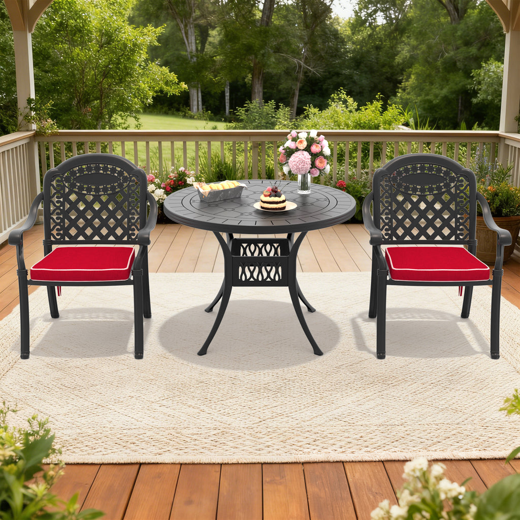 3-Piece Set Of Cast Aluminum Patio Furniture With Red Cushions