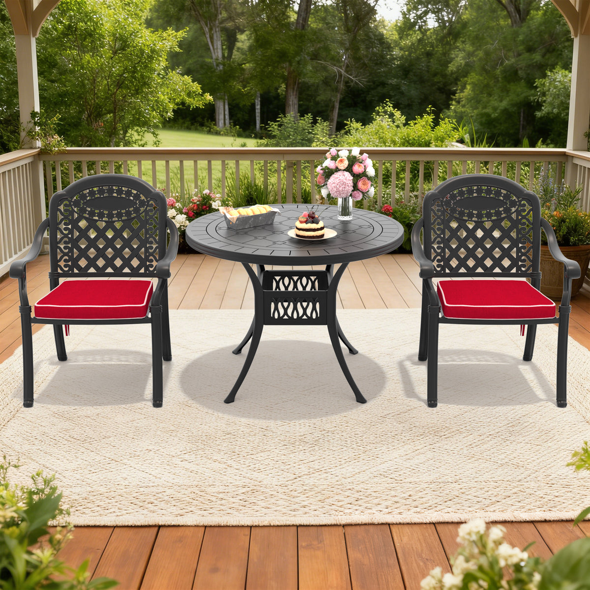 3-Piece Set Of Cast Aluminum Patio Furniture With Red Cushions