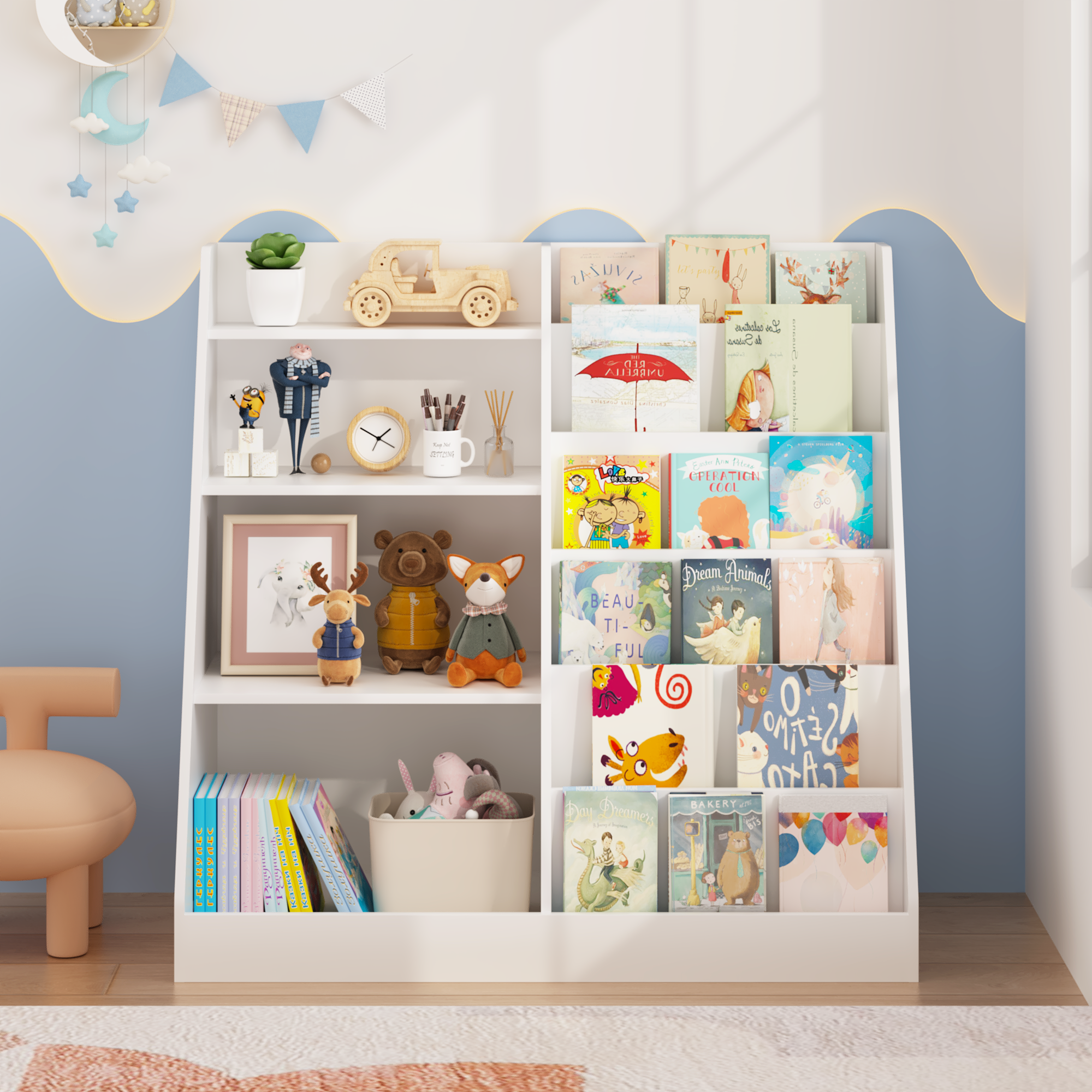 New Kids Bookshelf and Toy Storage Organizer, Multifunctional 4 Tier Wooden Kids Book Shelf with  Bookcase Display Stand in K