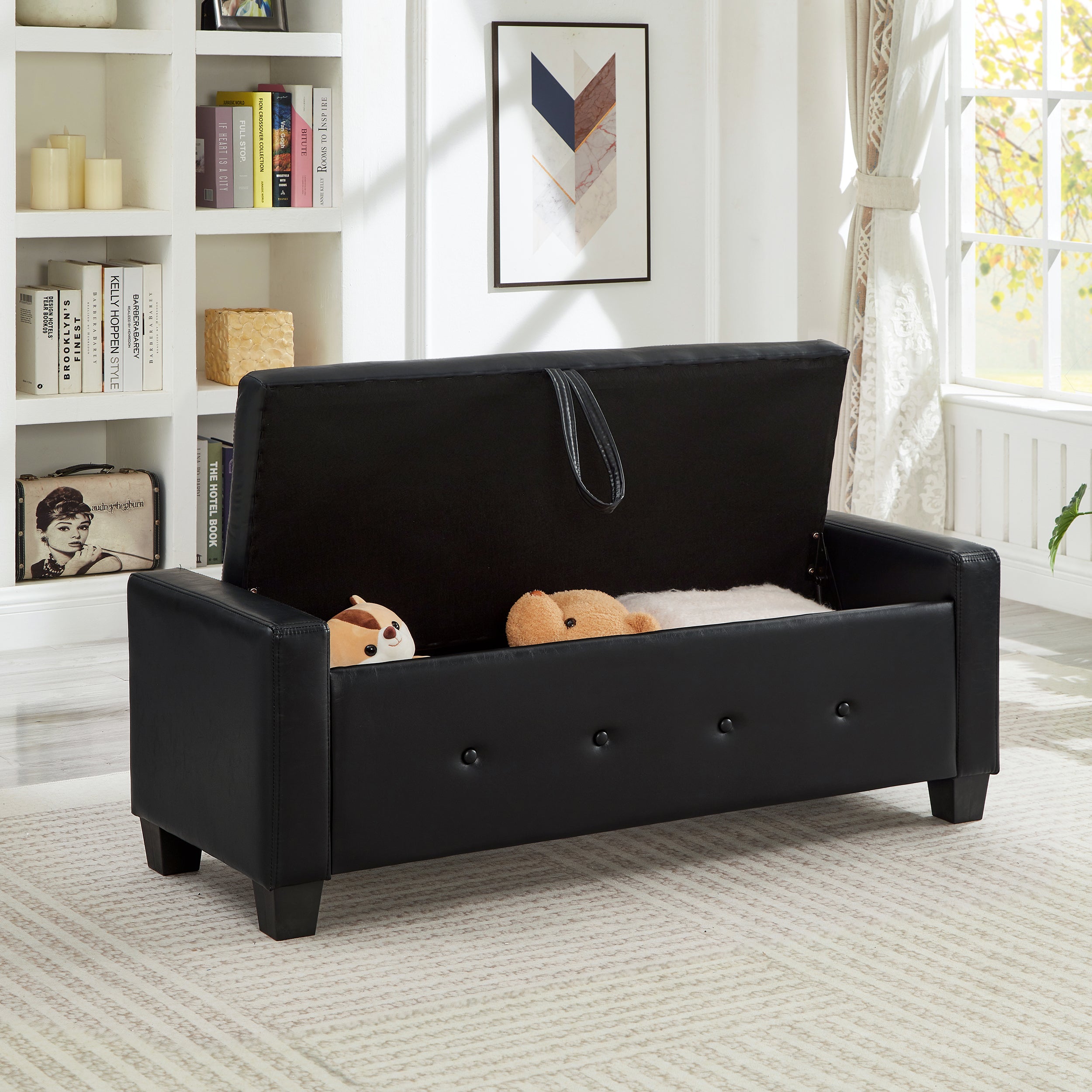 48' Ottoman Bench with Storage, Bench for Bedroom,Living Room,Hallway, Upholstered Tufted Faux Leather PU Ottoman Black - Grand Goldman Shop