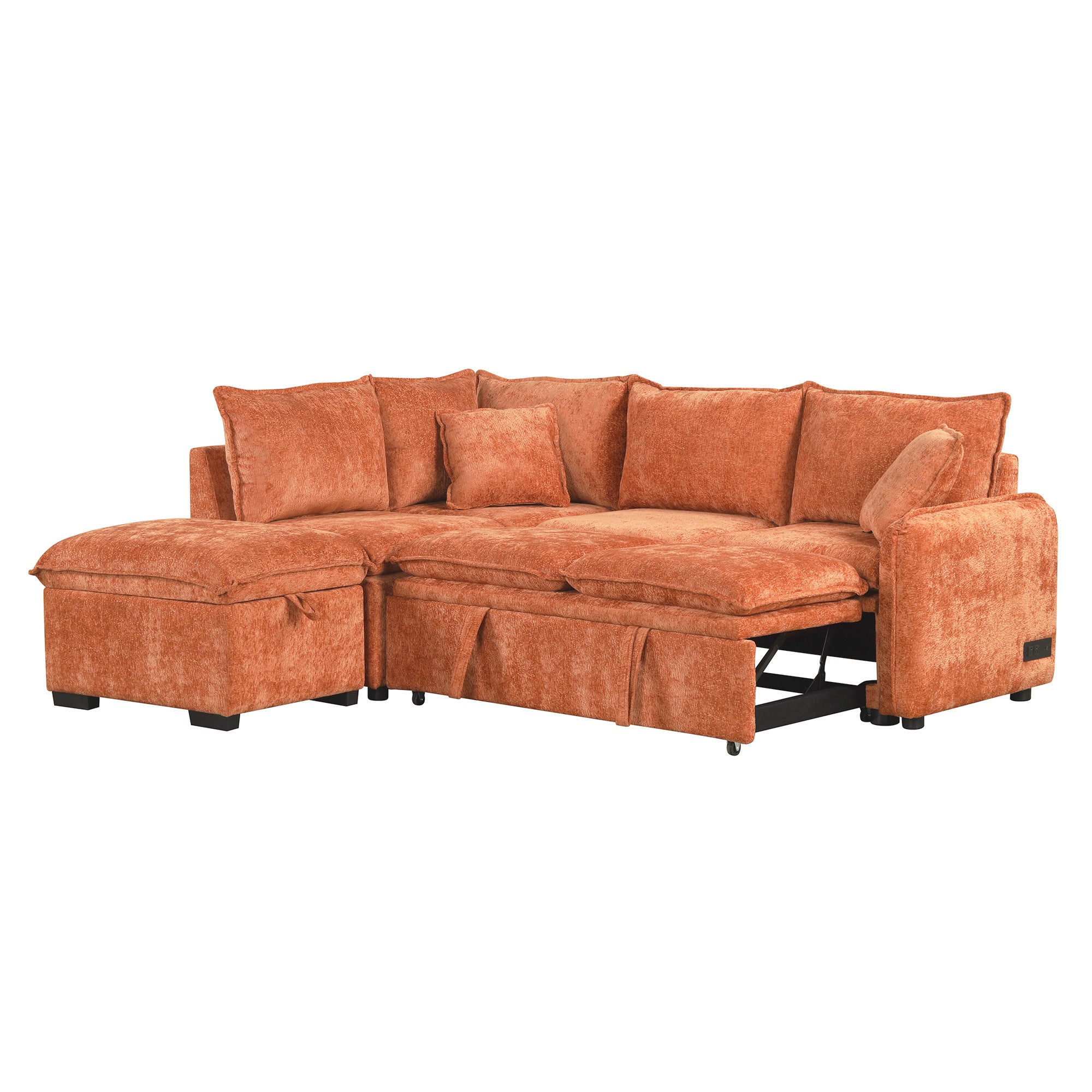 Convertible L-shaped Sofa Bed with Storage Ottoman, Power Sockets & USB Ports, Orange Chenille, 82.67' - Grand Goldman Shop