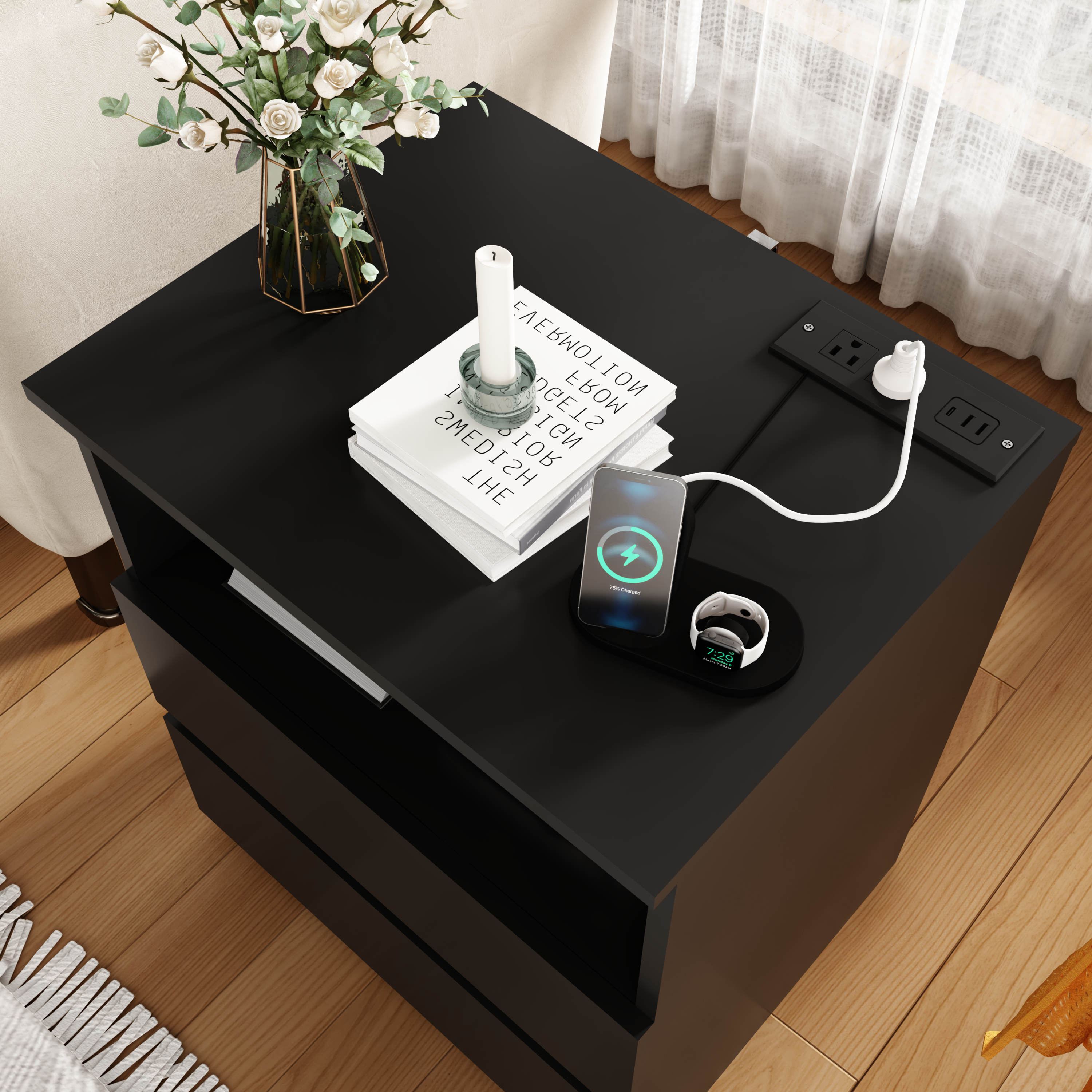 (Set of 2)End Table with Fast USB C Charging Station, Sofa Side Table with 2 Drawers, Large Storage Modern Wood Storage Cabinet for Living Room,Bedroom,Office, Black - Grand Goldman Shop