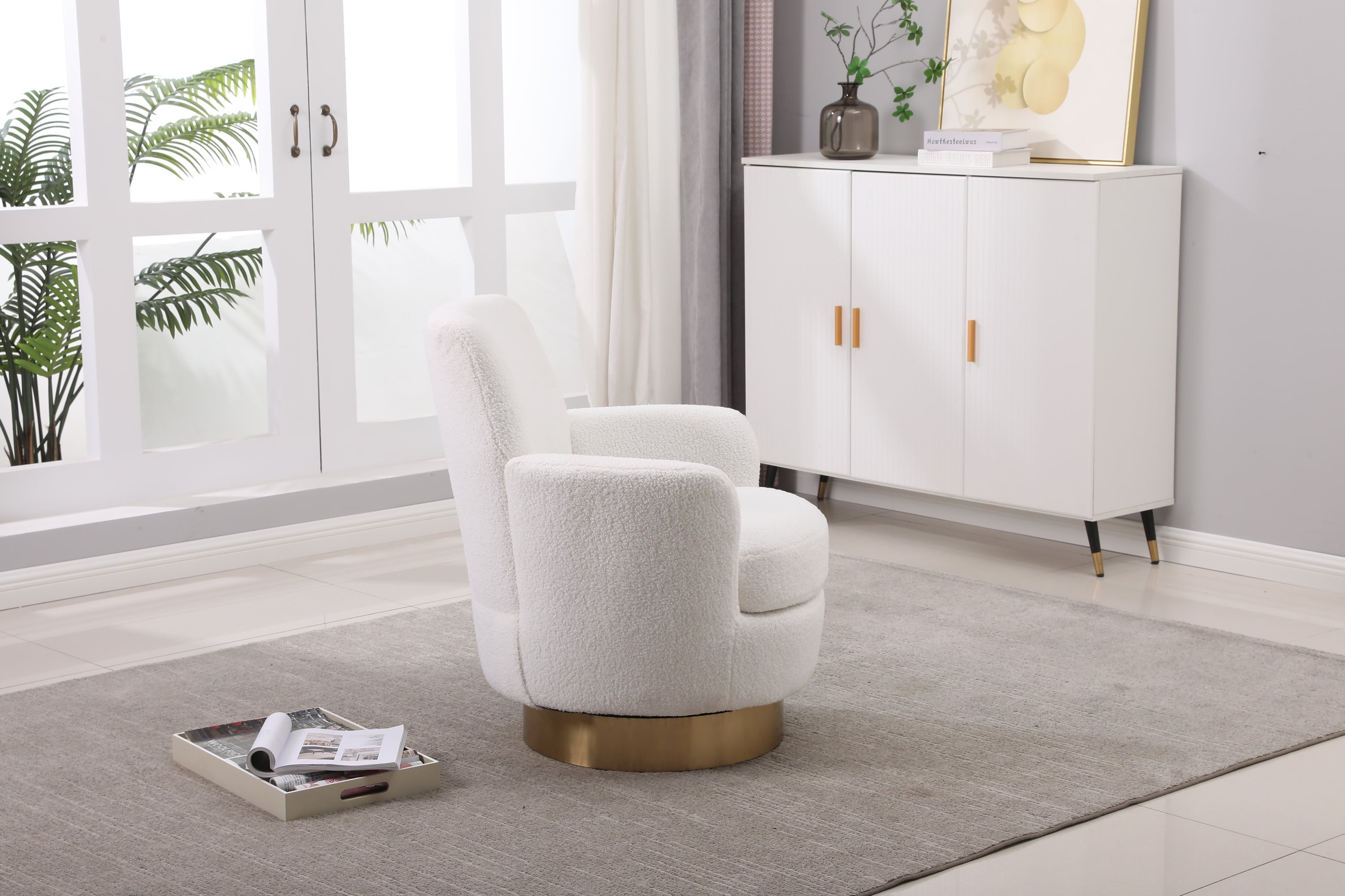 Teddy Swivel Barrel Chair, Swivel Accent Chairs Armchair for Living Room, Reading Chairs for Bedroom Comfy, Round Barrel Chairs with Gold Stainless Steel Base (Ivory) - Grand Goldman Shop