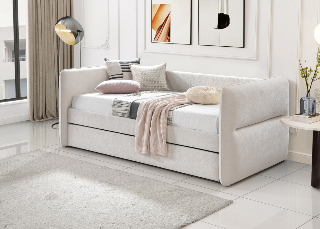 Luxurious 1pc Modern Daybed Pull Out Trundle Button Tufted Nailhead Trim Bedroom Living Room Furniture Oatmeal Finish - Grand Goldman Shop