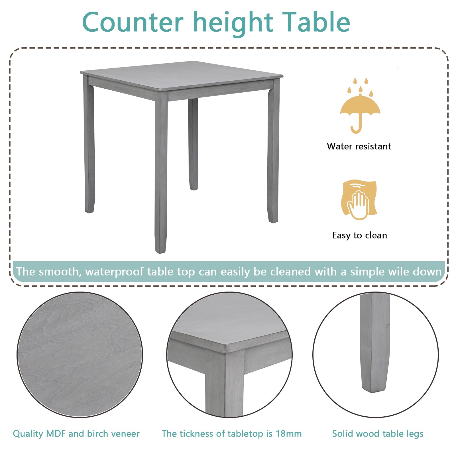 Wooden Dining Square Table, Kitchen Table for Small Space, 4 Person Counter Height Table, Gray, ONLY THE TABLE - Grand Goldman Shop
