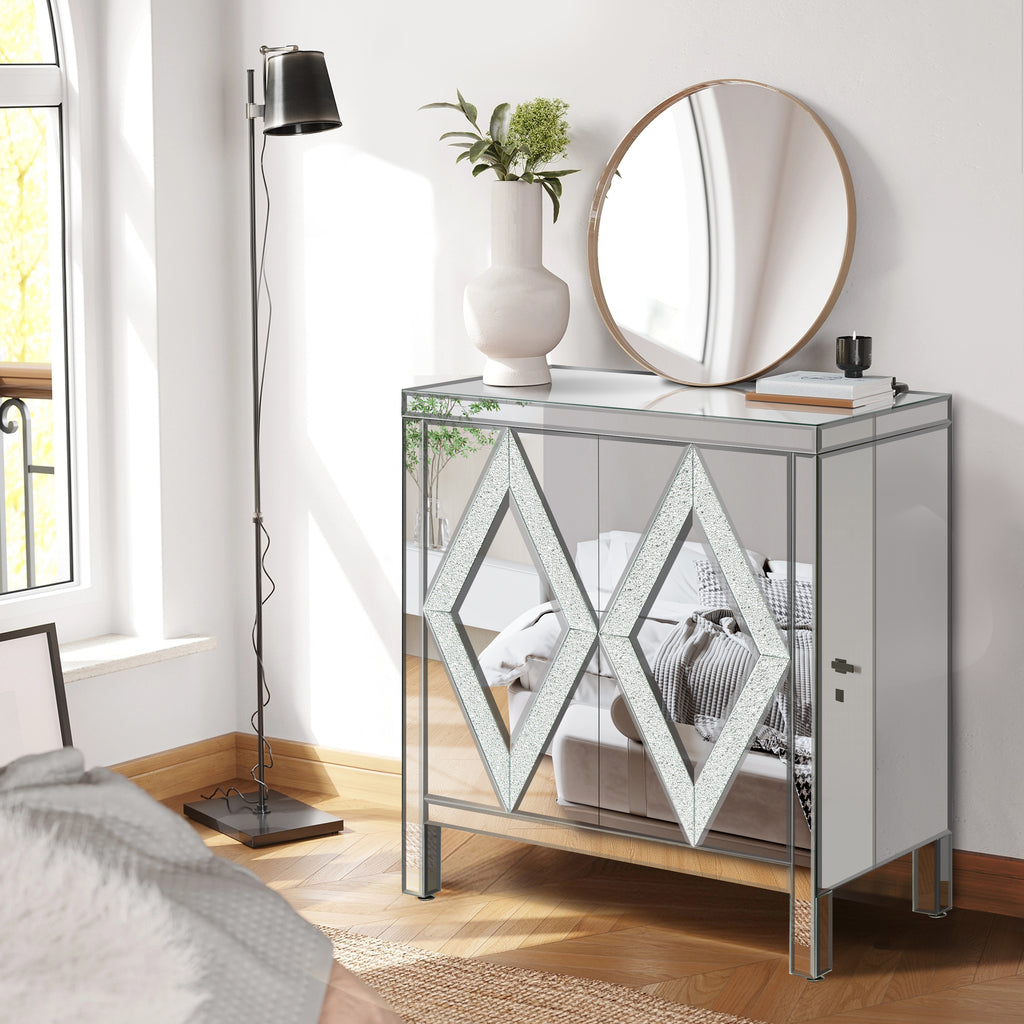Storage Cabinet With Mirror Trim And Diamond Shape Design  Spliced Combination For Living Room, Dining Room, Entryway, Kitchen - Grand Goldman Shop