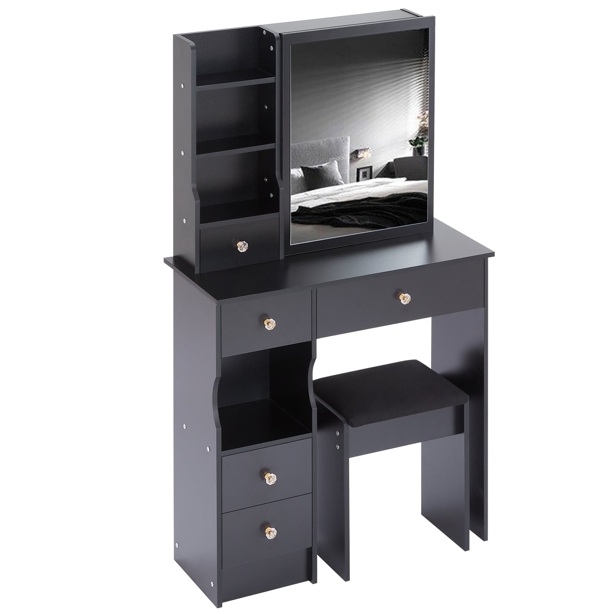 29.2' Small Space Left Drawer Desktop Vanity Table + Cushioned Stool, Extra Large Right sliding mirror, Multi Layer High Capacity Storage, Practical Fashionable Dresser, Suitable For Small Space - Grand Goldman Shop