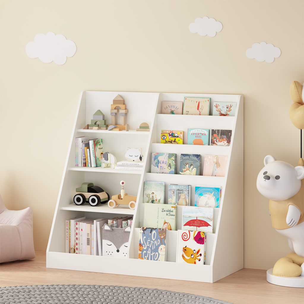 Kids Bookshelf and Toy Storage Organizer, Multifunctional 4-Tier White Wooden Bookcase with Toy Bin for Nursery, Playroom, or