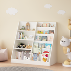 Kids Bookshelf and Toy Storage Organizer, Multifunctional 4-Tier White Wooden Bookcase with Toy Bin for Nursery, Playroom, or