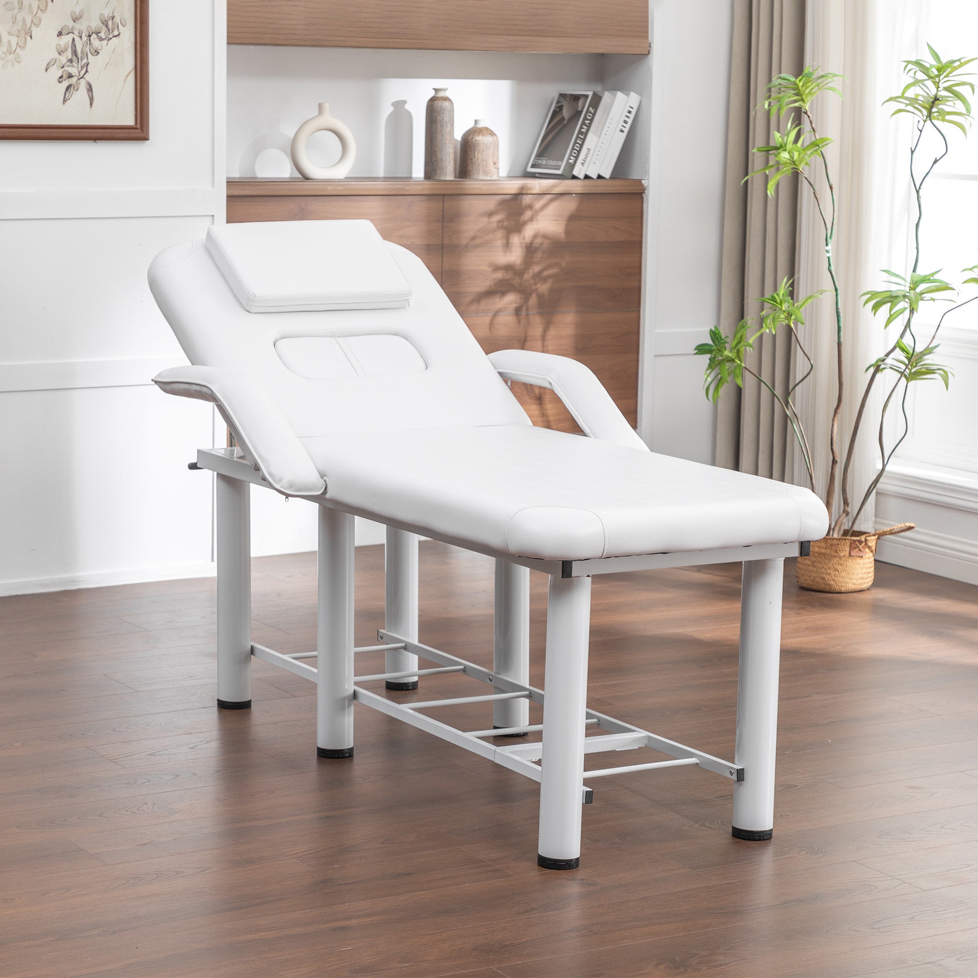 Professional Beauty Bed with Removable Headrest & Breast Cushions, Armrests and Storage Shelf for Full Body Massage, Facial, 