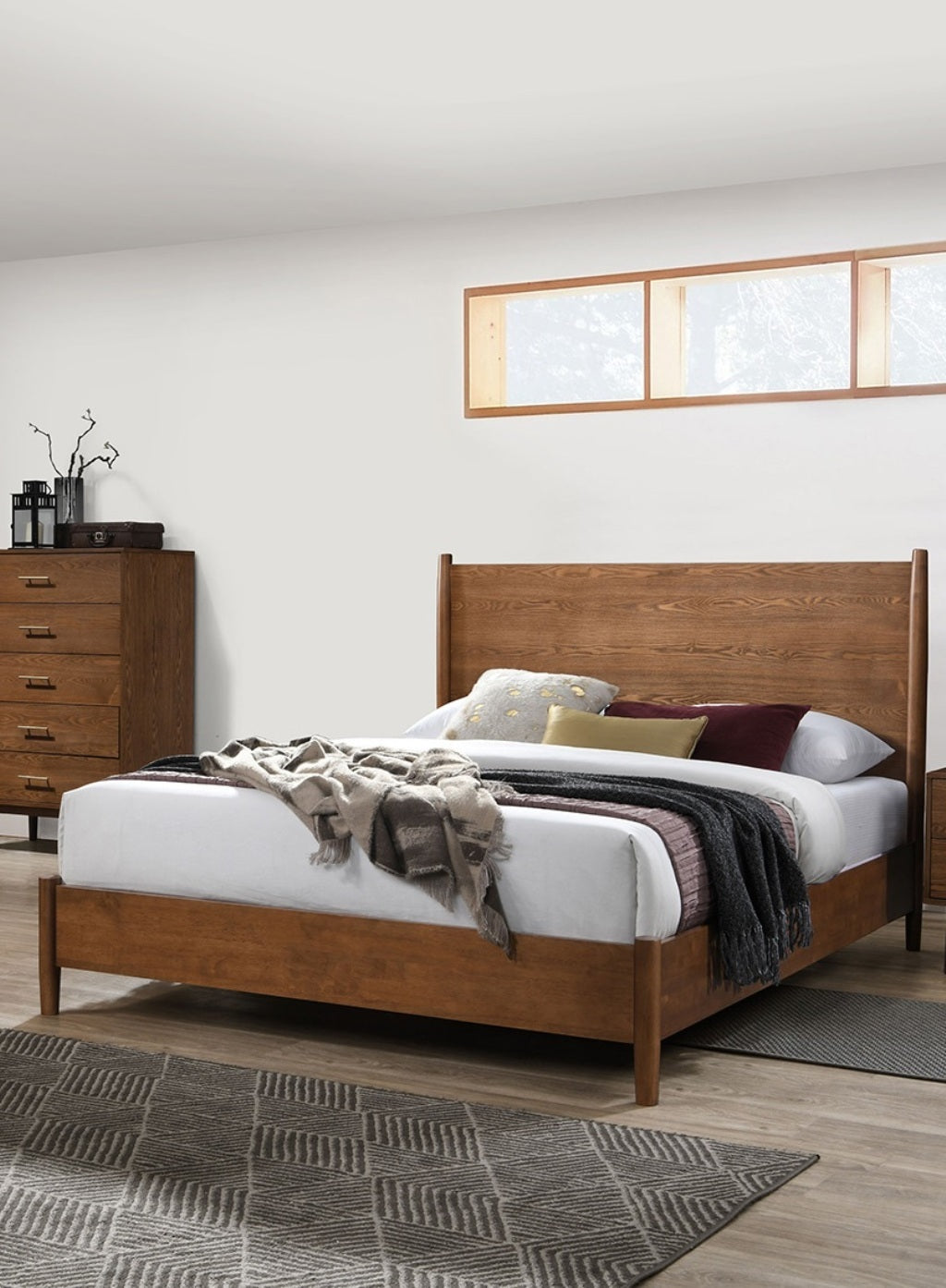 Walnut Color Panel Headboard 3pc Bedroom Set Eastern King Size Bed 2x Nightstands Wooden Mid-Century Modern Style - Grand Goldman Shop