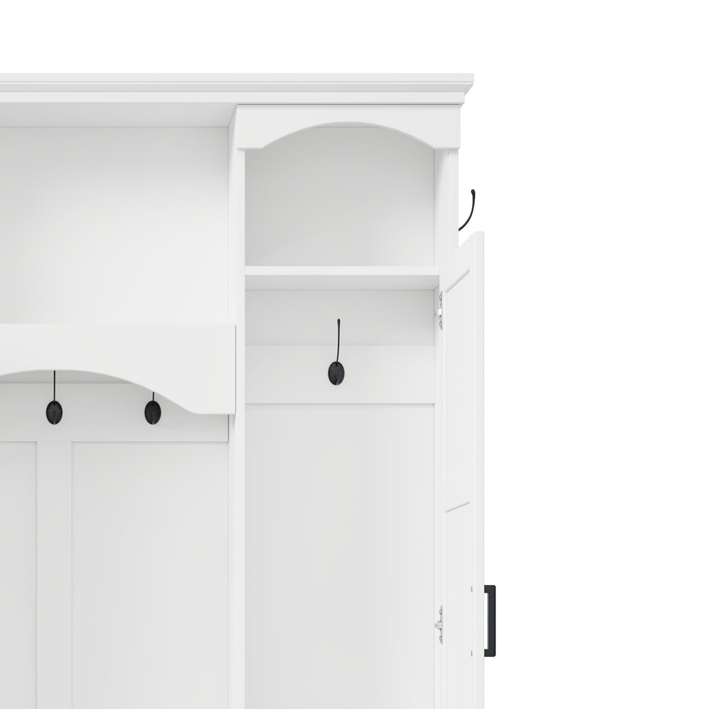 ON-TREND Modern All-in-One Hall Tree with Adjustable Shelves, Classic Arched Farmhouse Storage Bench with Dual Side Cabinets, Elegant Entryway Organizer with 7 Hooks for Mudroom, Hallway, White - Grand Goldman Shop