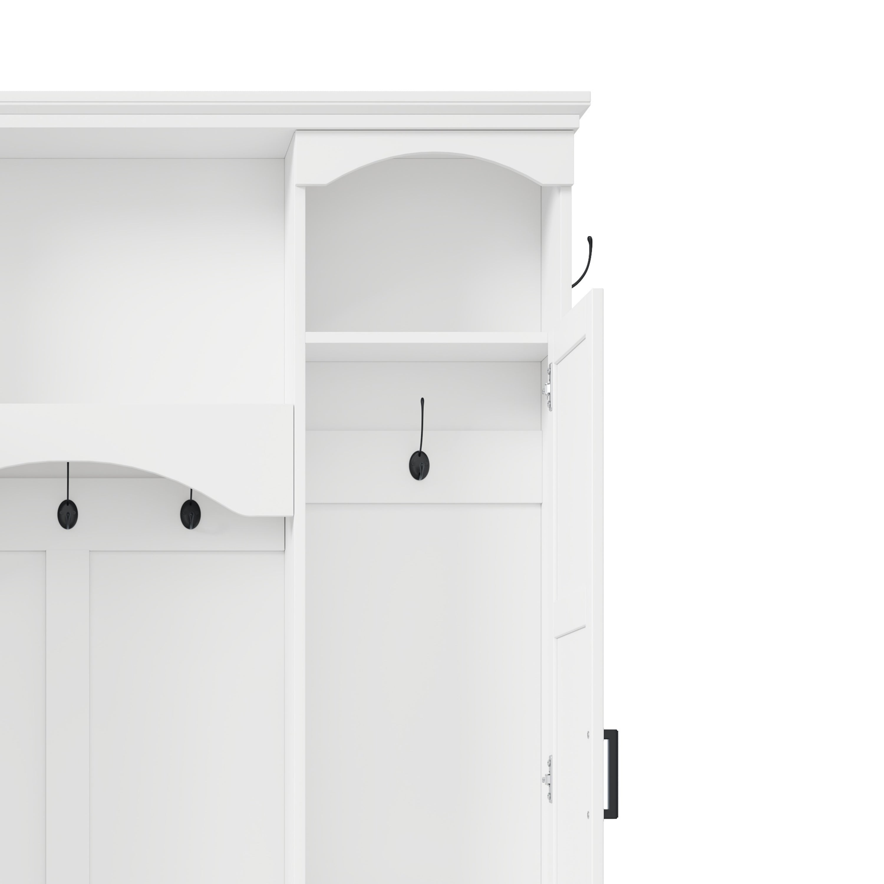 ON-TREND Modern All-in-One Hall Tree with Adjustable Shelves, Classic Arched Farmhouse Storage Bench with Dual Side Cabinets, Elegant Entryway Organizer with 7 Hooks for Mudroom, Hallway, White - Grand Goldman Shop