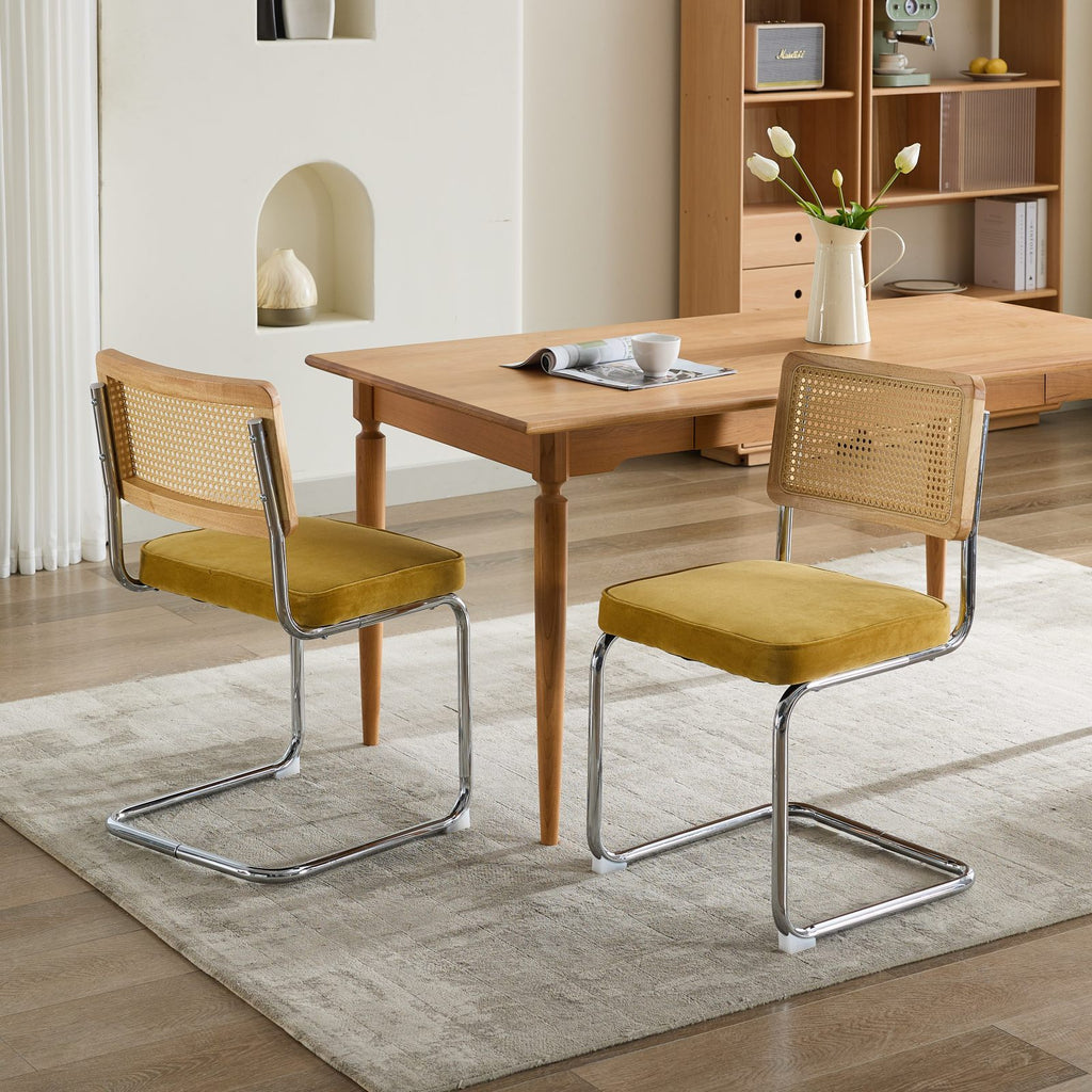 Mid Century Modern Dining Chairs Set of 2, Velvet Accent Chairs with Natural Cane Back & Stainless Chrome Base, Famous Breuer Designed Chairs, Upholstered Rattan Kitchen Chairs,Golden - Grand Goldman Shop