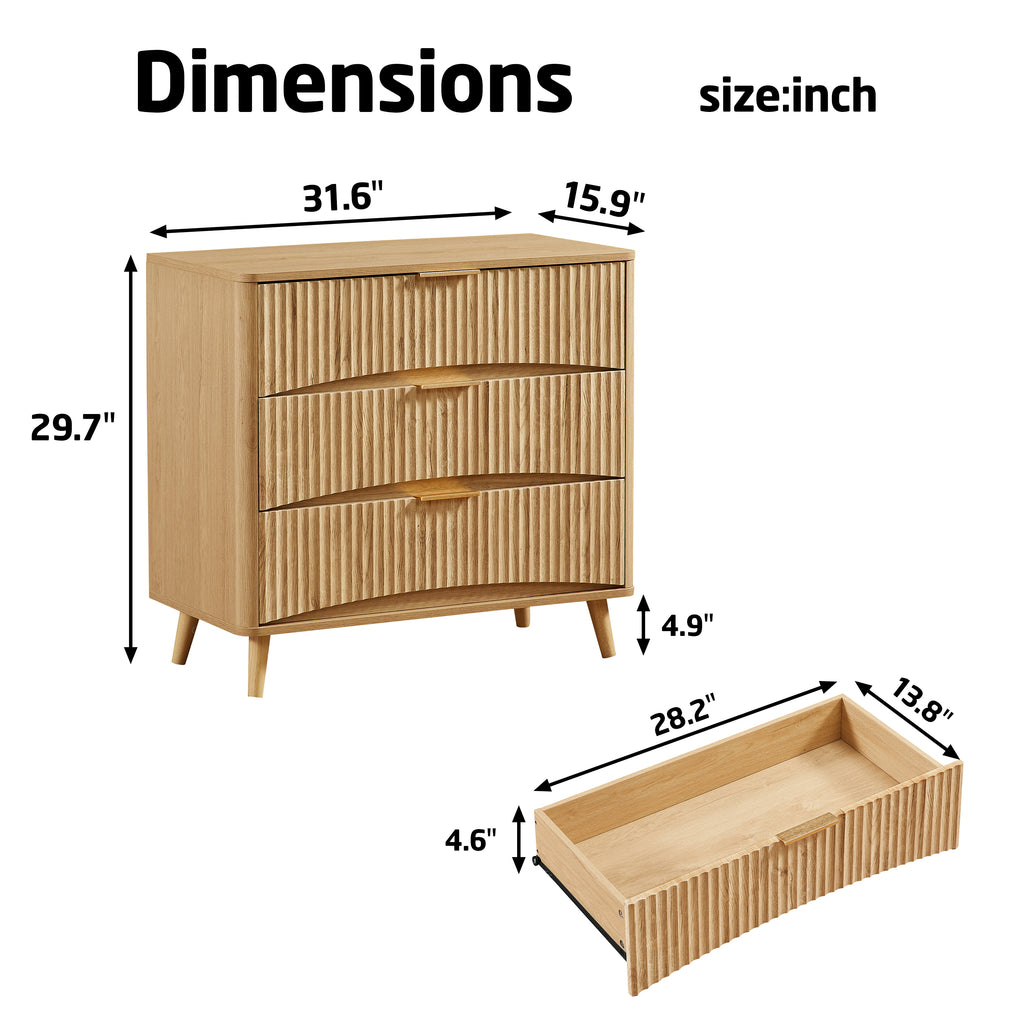 Fluted 3 Drawer Dresser Set of 2, Modern Tall Chest of Drawers with Vertical Grooved Design, Wood Storage Cabinet with Metal Handles for Bedroom Living Room, Oak. (23.6'W x 15'D x 30'H). - Grand Goldman Shop