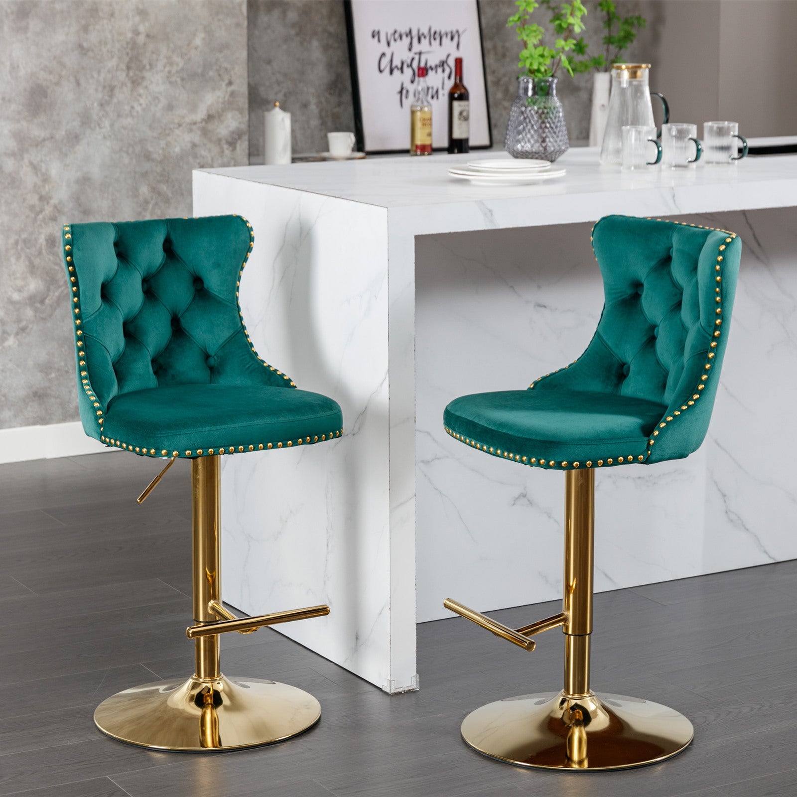 A&A Furniture,Golden Swivel Velvet Barstools Adjusatble Seat Height from 25-33 Inch, Modern Upholstered Bar Stools with Backs Comfortable Tufted for Home Pub and Kitchen Island（Green,Set of 2） - Grand Goldman Shop