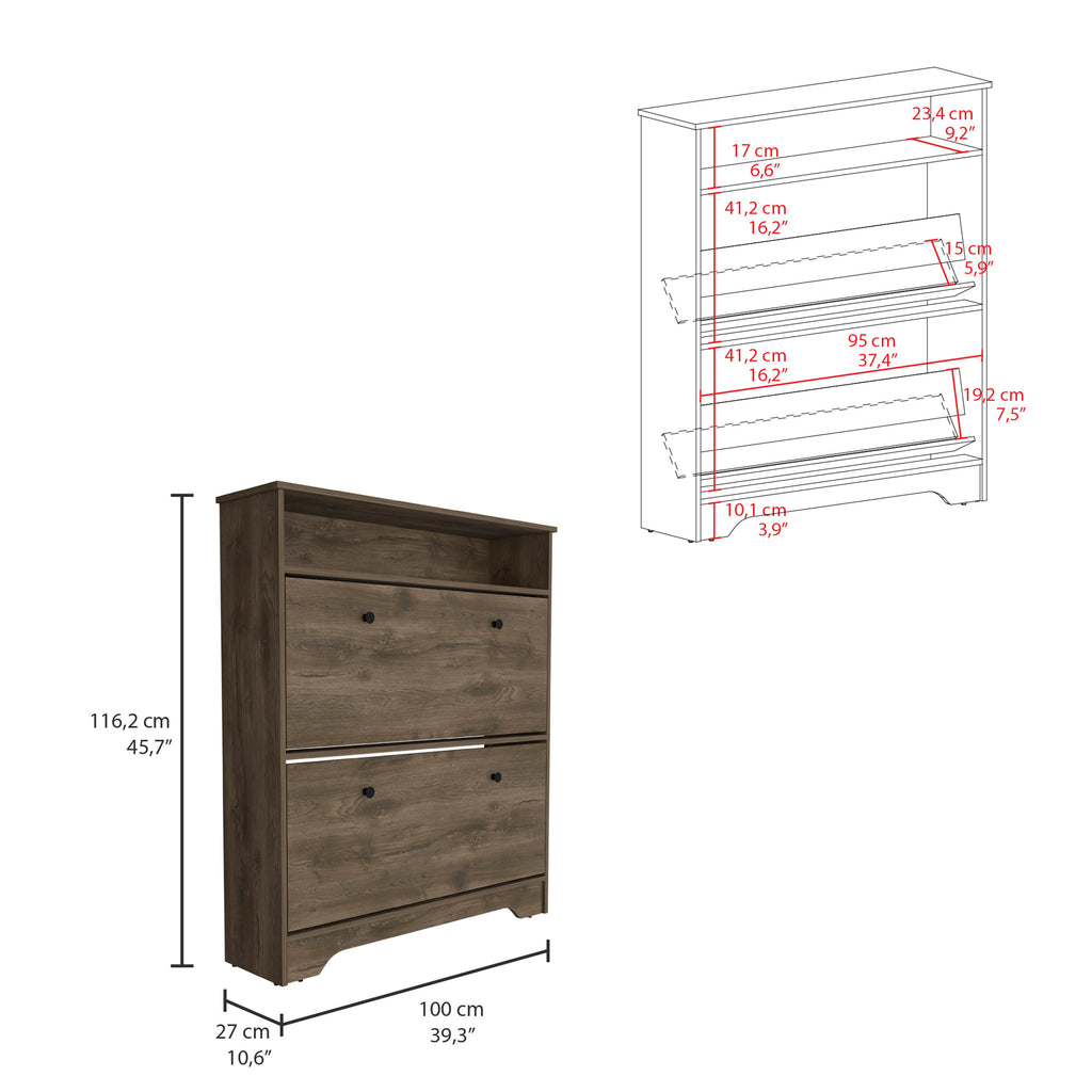 Calgary Shoe Rack, Superior Top, One Open Shelf, Two Extendable Shelves -Dark Brown - Grand Goldman Shop