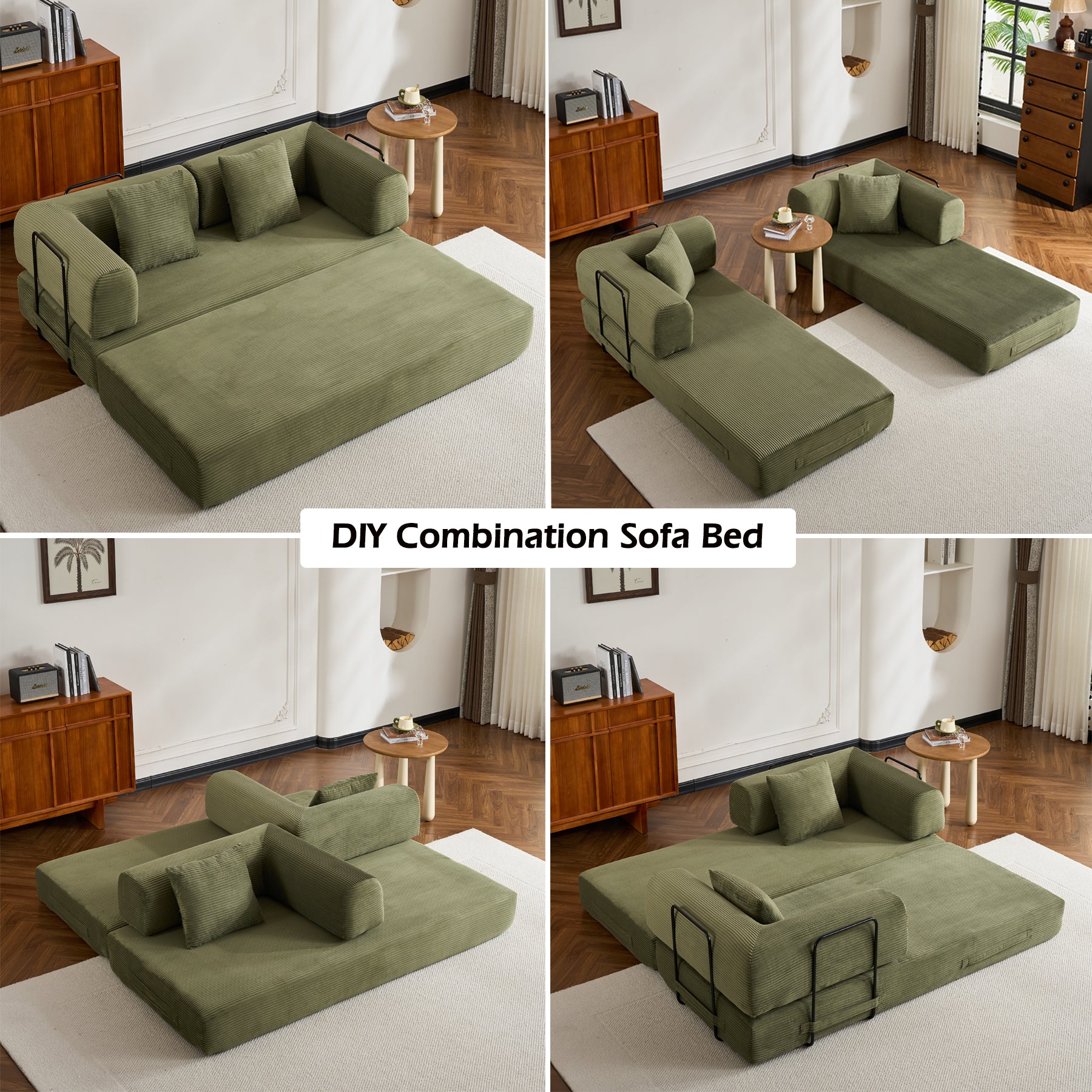 Convertible Sleeper Sofa Bed with Cylindrical Pillow, Corduroy Folding Mattress Couch with Fixed-Shape Frame, Floor Sofa Lounge Couch for Living Room Bedroom (Green) - Grand Goldman Shop