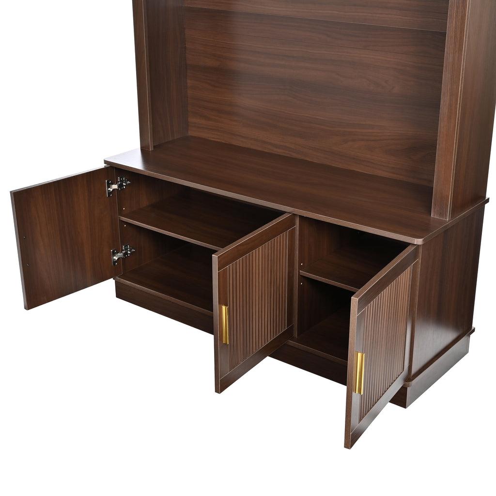 Farmhouse Fabric Arched Top Hall Tree with 5 Metal Hooks, All-in-One Mudroom Furniture with Adjustable Shelves, Mid-Century Fluted Door Entryway Bench with Wood Grain Finish for Hallway, Walnut - Grand Goldman Shop