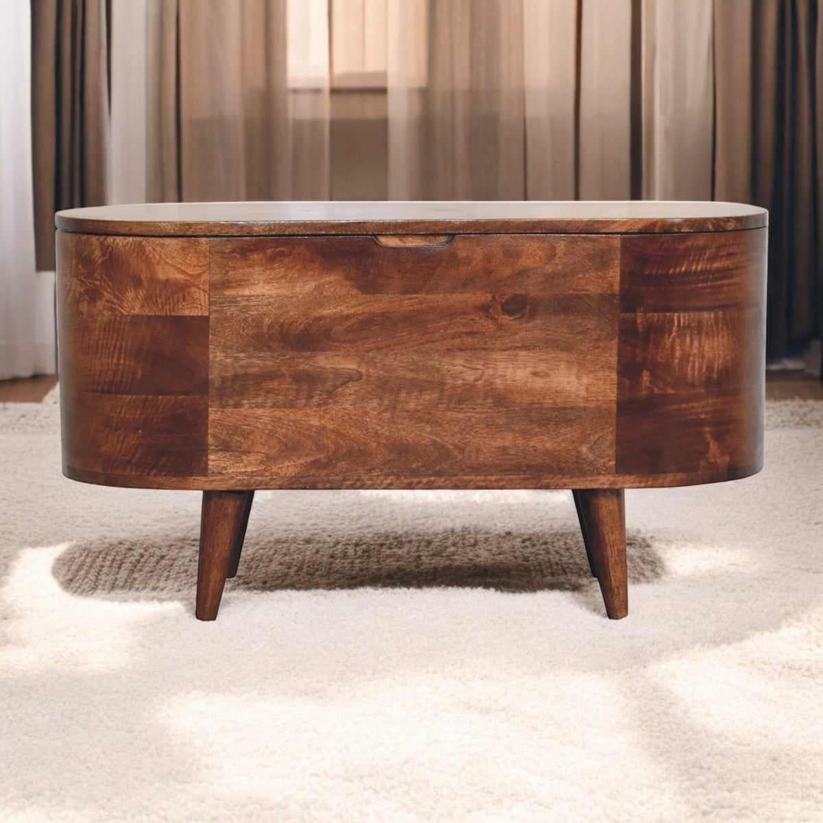 Solid Wood Honey Caramel Rounded Lid-Up Blanket Box, Nordic Legs, Brown - Grand Goldman Shop