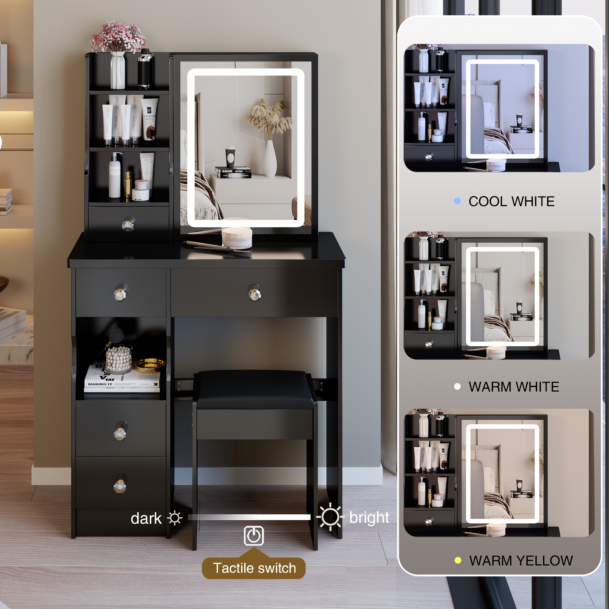 29.2' Small Size Desktop LED Light Vanity Table + Cushioned Stool, Large Sliding, Touch Control, Tri-color Switching, Brightness Adjust LED Mirror, High Capacity Storage, EPA, GCC, UL Certificate - Grand Goldman Shop