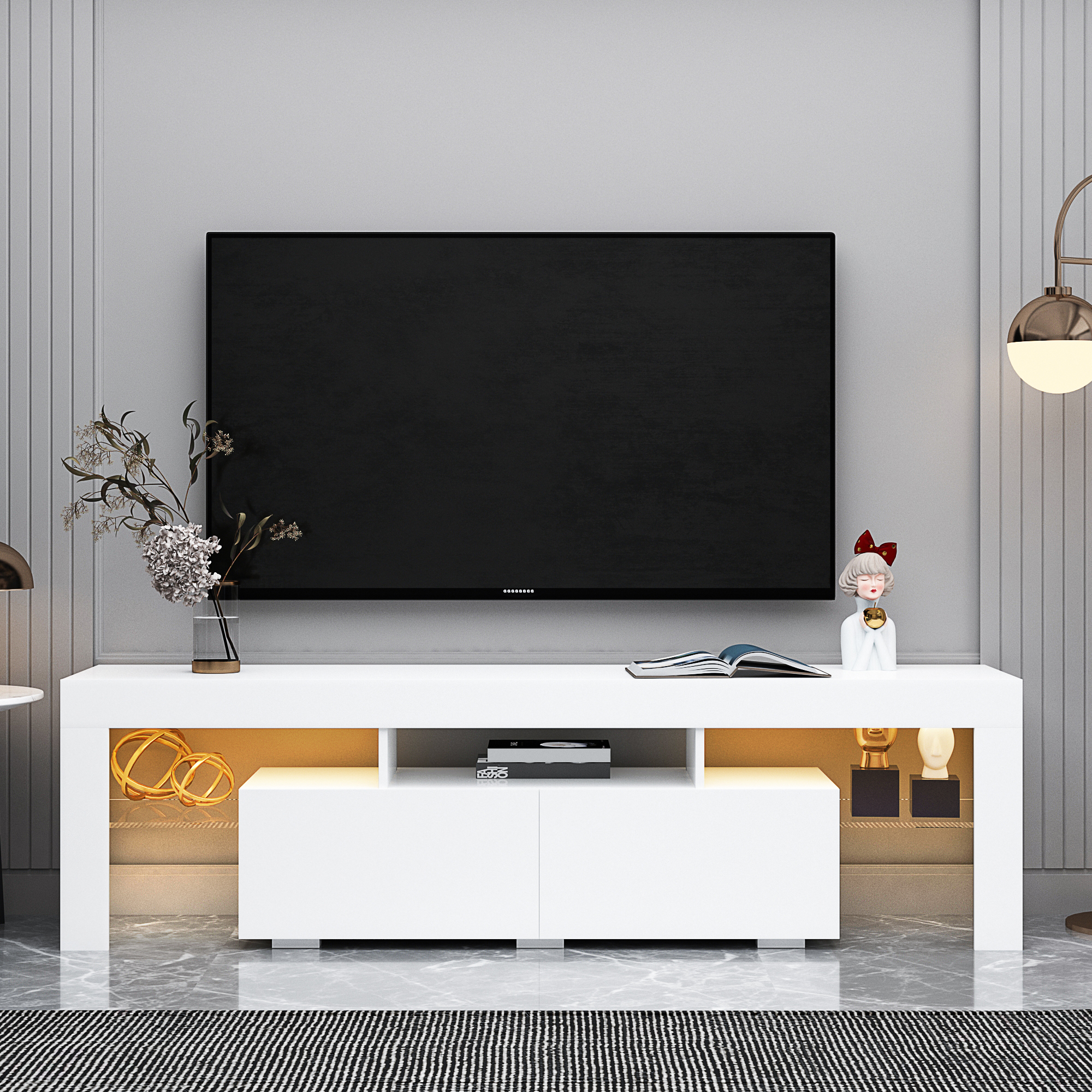 Modern White TV Stand, 20 Colors LED TV Stand w/Remote Control Lights - Grand Goldman Shop