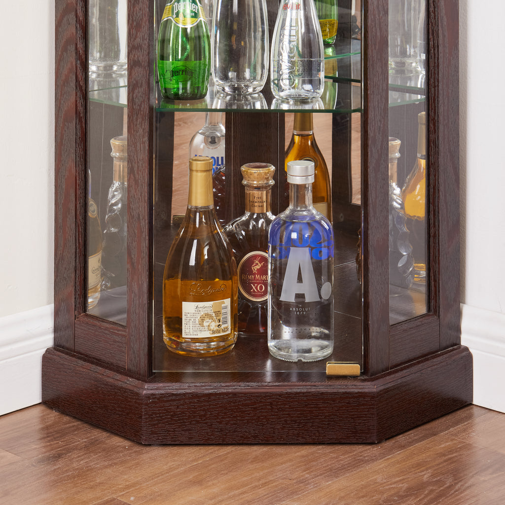 Corner Glass Cabinet Lighted Curio Cabinet Corner Display Case for Living Room, Curio Cabinet, Antique collection, Wine,Bar Glass Storage Light Included,Dark Cherry - Grand Goldman Shop
