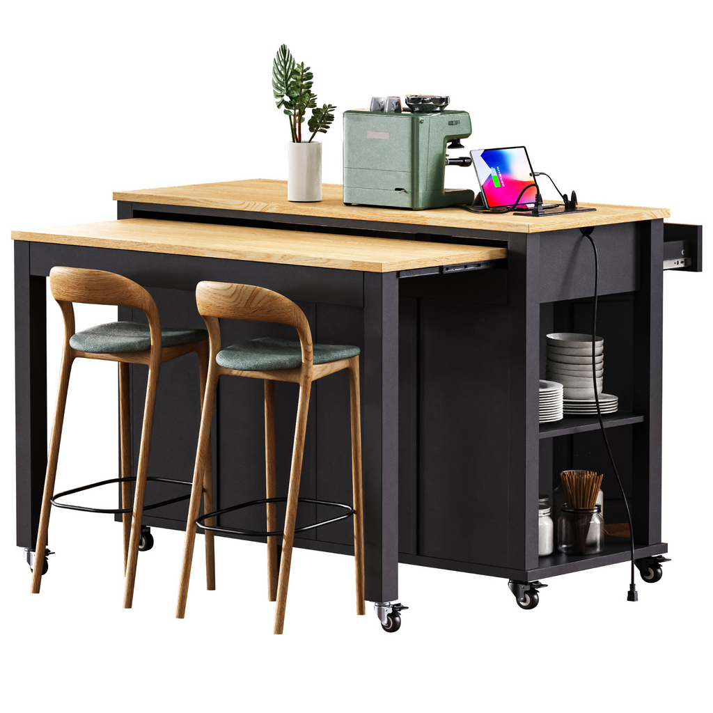K&K 47 inch Kitchen Island with Extendable Dining Table, Rubber Wood Veneer Kitchen Table with Internal Storage Rack, Power Outlet, Kitchen island with Storage 2 Drawers 2 Cabinet, Black - Grand Goldman Shop