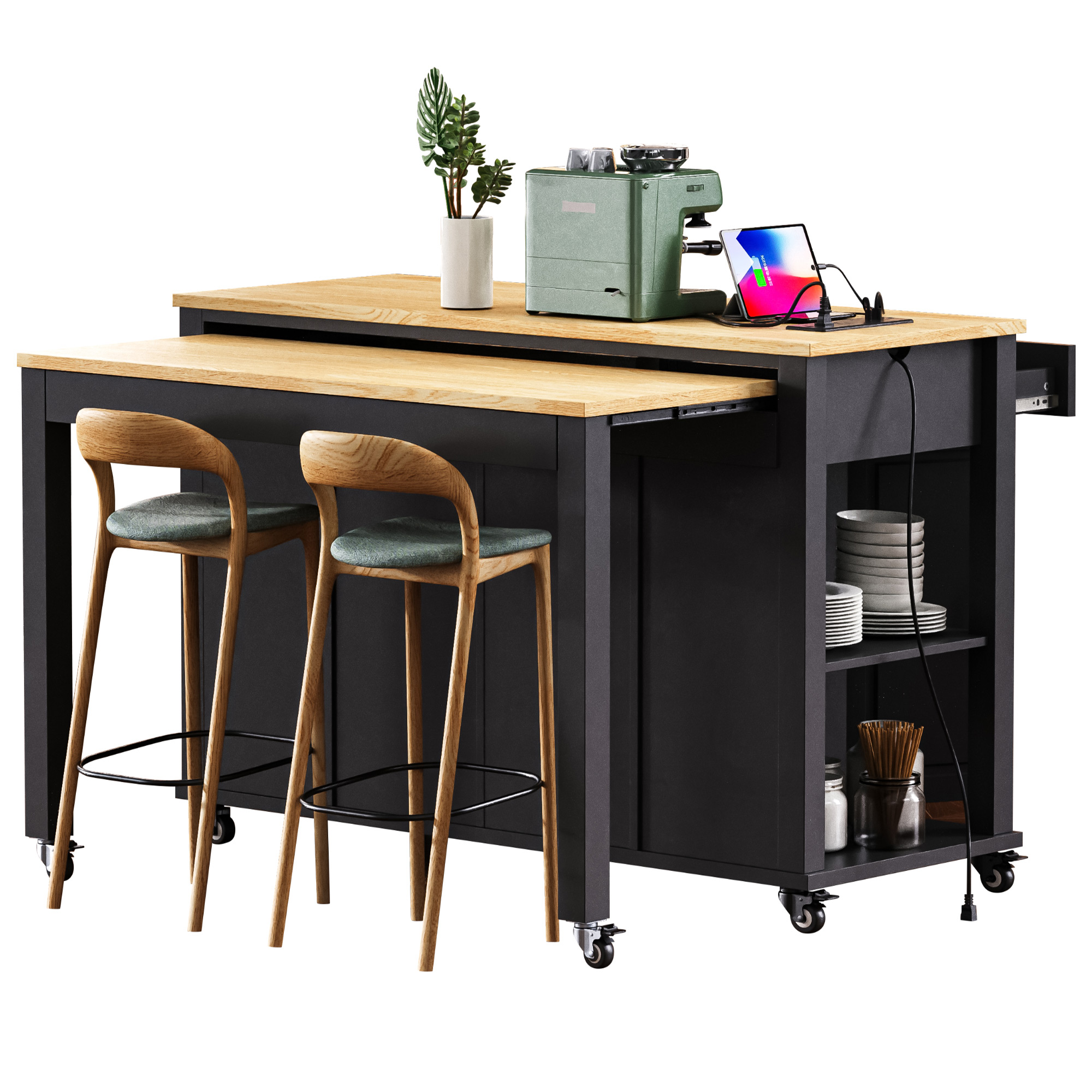 K&K 47 inch Kitchen Island with Extendable Dining Table, Rubber Wood Veneer Kitchen Table with Internal Storage Rack, Power Outlet, Kitchen island with Storage 2 Drawers 2 Cabinet, Black - Grand Goldman Shop
