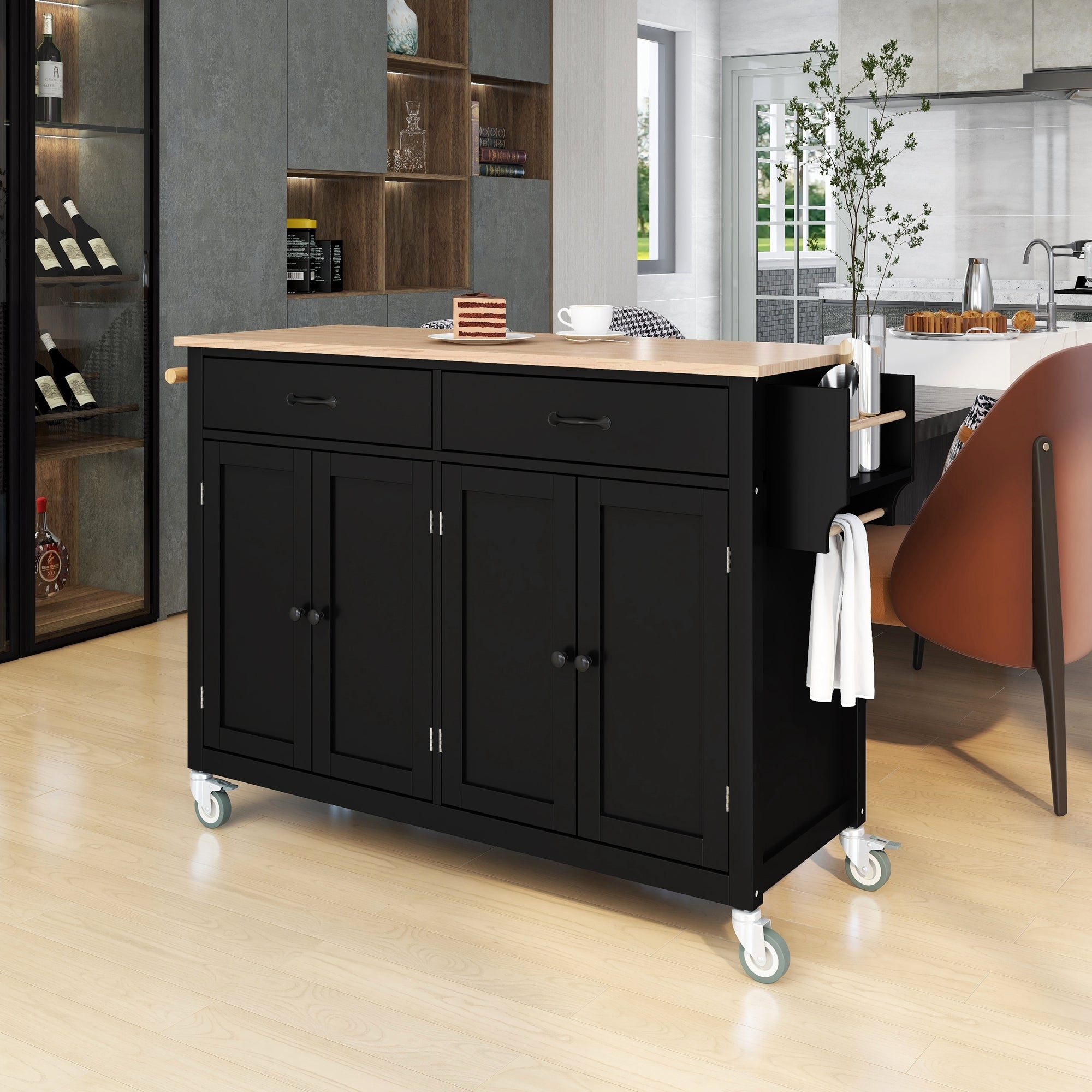 Kitchen Island Cart with Solid Wood Top and Locking Wheels,54.3 Inch Width,4 Door Cabinet and Two Drawers,Spice Rack, Towel Rack (Black) - Grand Goldman Shop