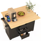 K&K 55.7'' Large Kitchen Island with 2 Drop Leaf,, Rolling Kitchen Cart on 5 Wheels with Power Outlet, Folding Storage Dining Table with Spice & Towel Rack , 3 Drawers, for Kitchen, Dining Room,Black - Grand Goldman Shop