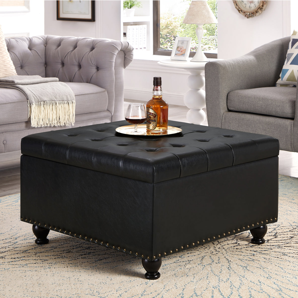 Large square storage ottoman with wooden legs, Upholstered button tufted coffee table with nail trims for Living Space, Black - Grand Goldman Shop