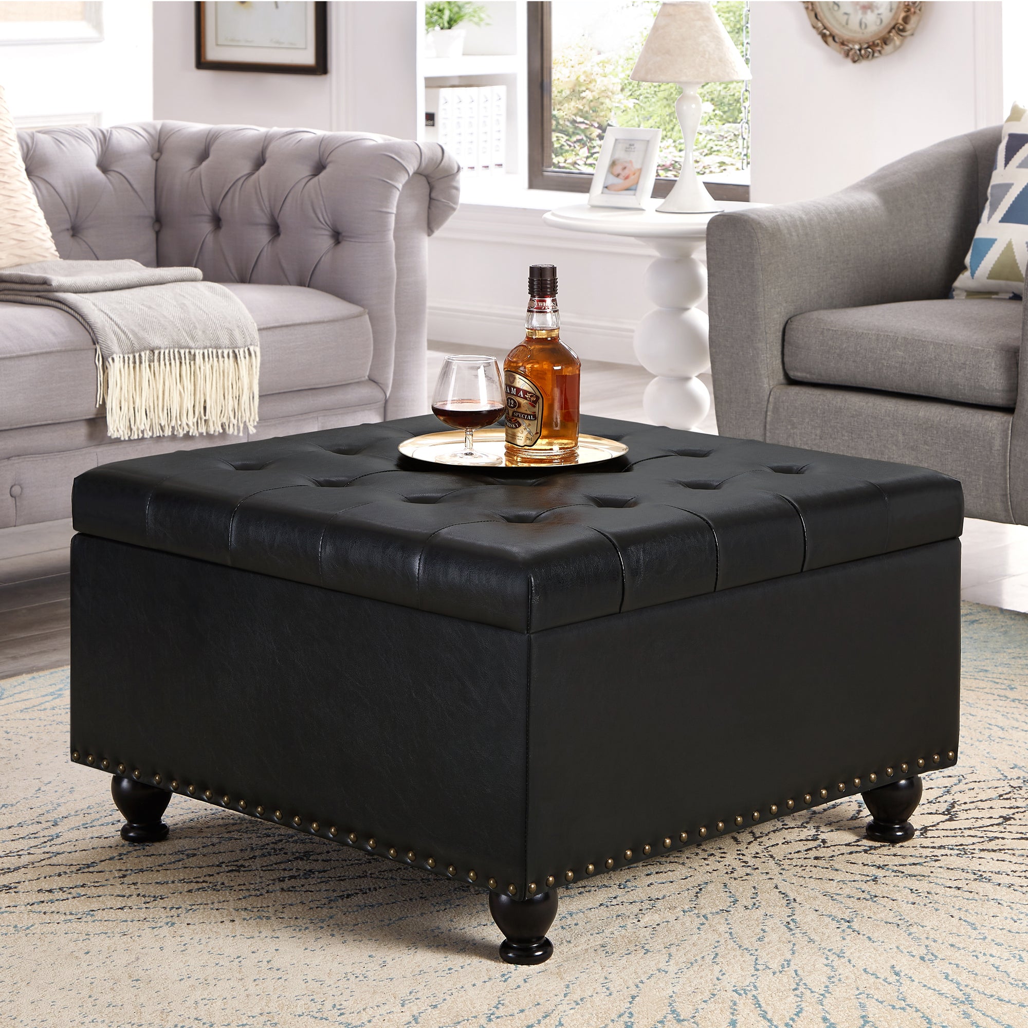 Large square storage ottoman with wooden legs, Upholstered button tufted coffee table with nail trims for Living Space, Black - Grand Goldman Shop