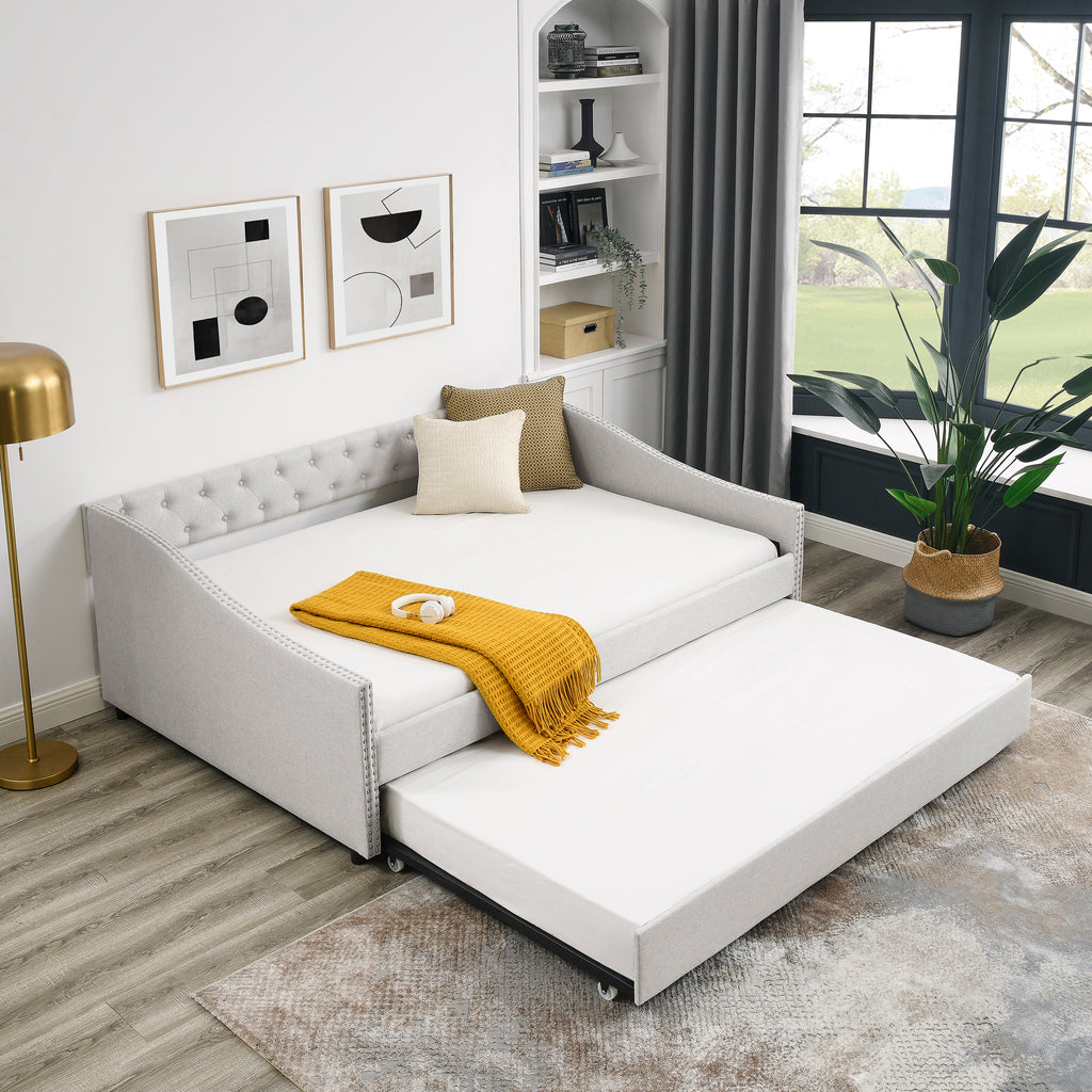 Beige Upholstered Tufted Daybed with Twin Trundle, Button-Back and Copper Nail-Waved Arms, Eucalyptus Wood Frame, 80.5''x55.5''x27.5'' - Grand Goldman Shop
