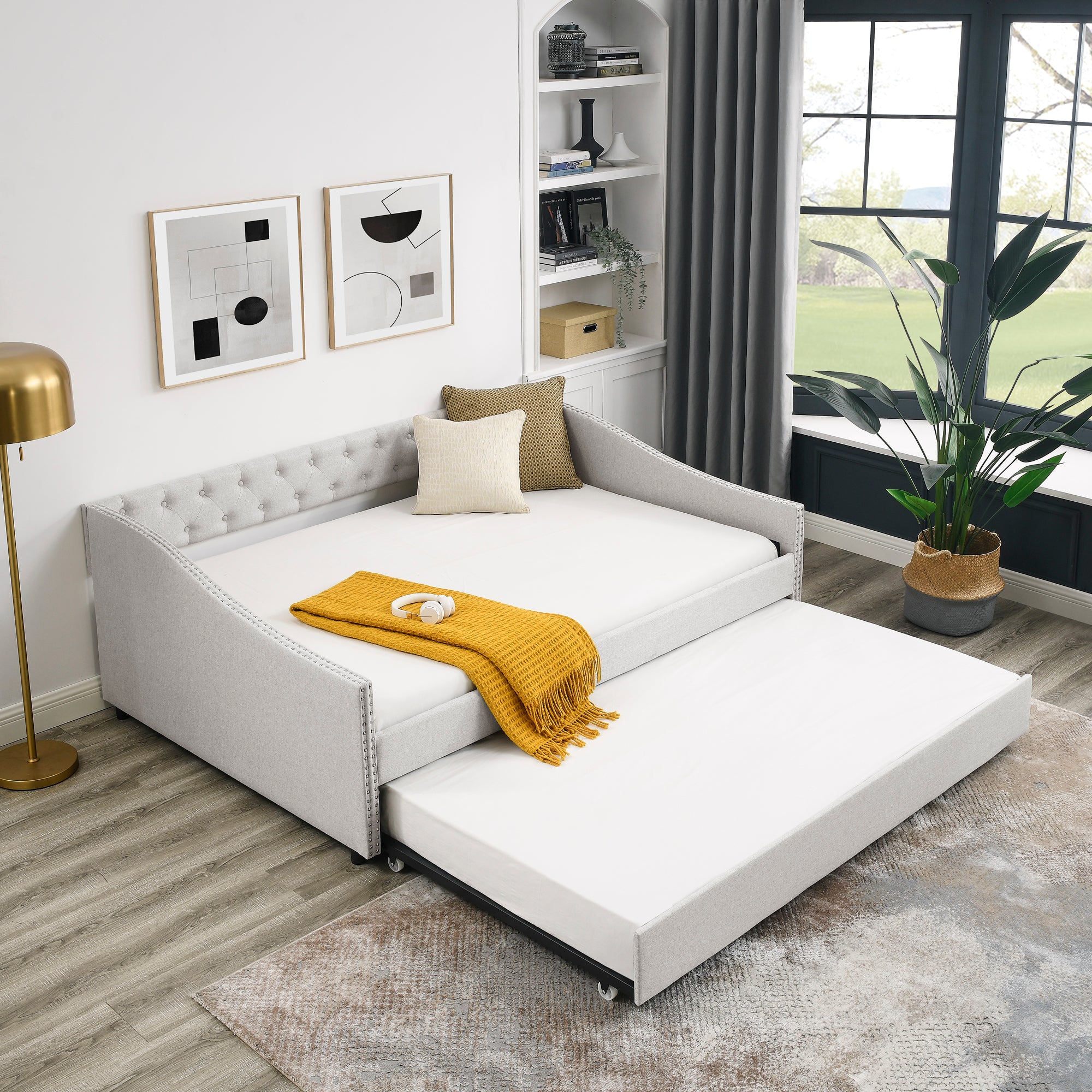 Beige Upholstered Tufted Daybed with Twin Trundle, Button-Back and Copper Nail-Waved Arms, Eucalyptus Wood Frame, 80.5''x55.5''x27.5'' - Grand Goldman Shop