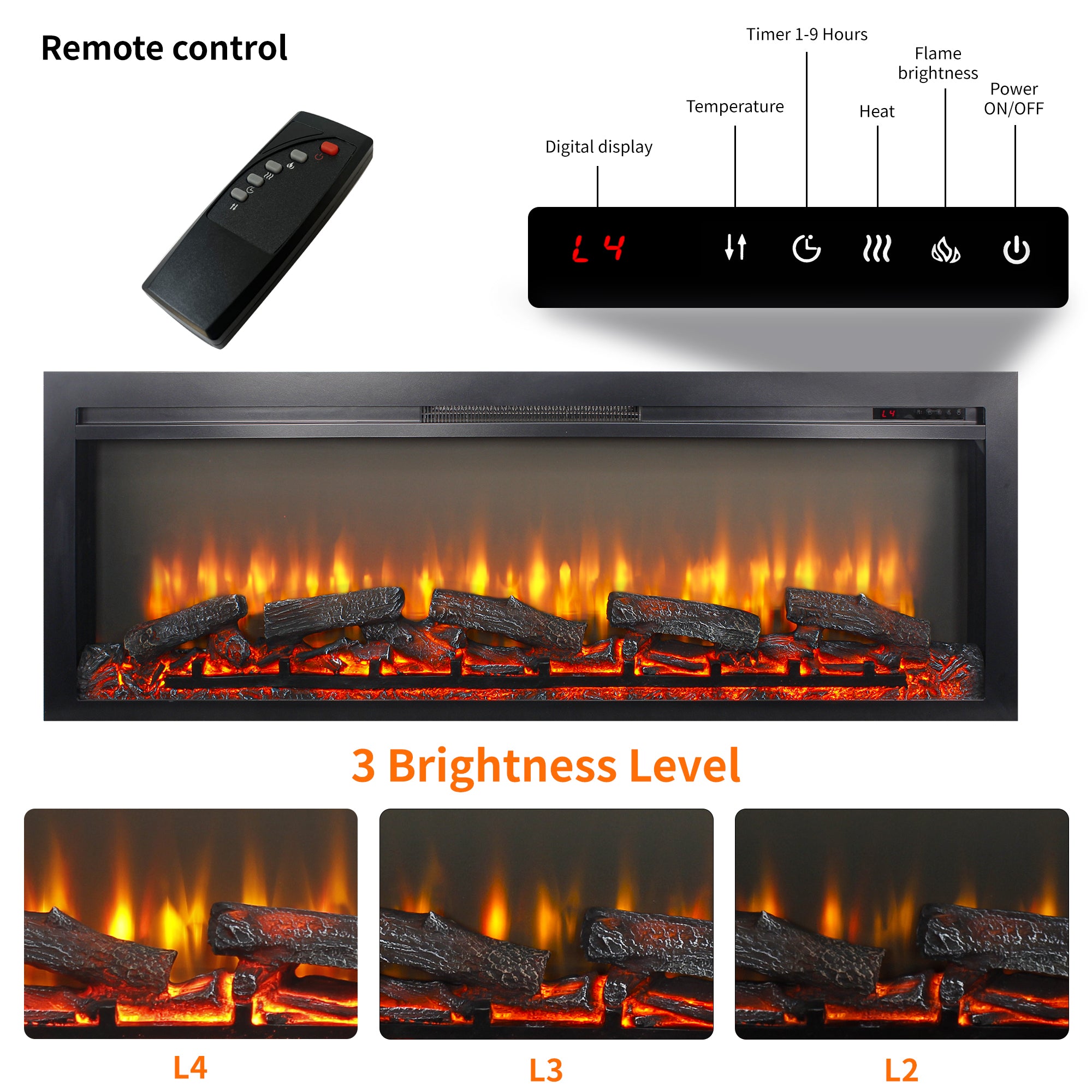 54 inch in wall recessed electric fireplace with remote and multi color flame & emberbed - Grand Goldman Shop