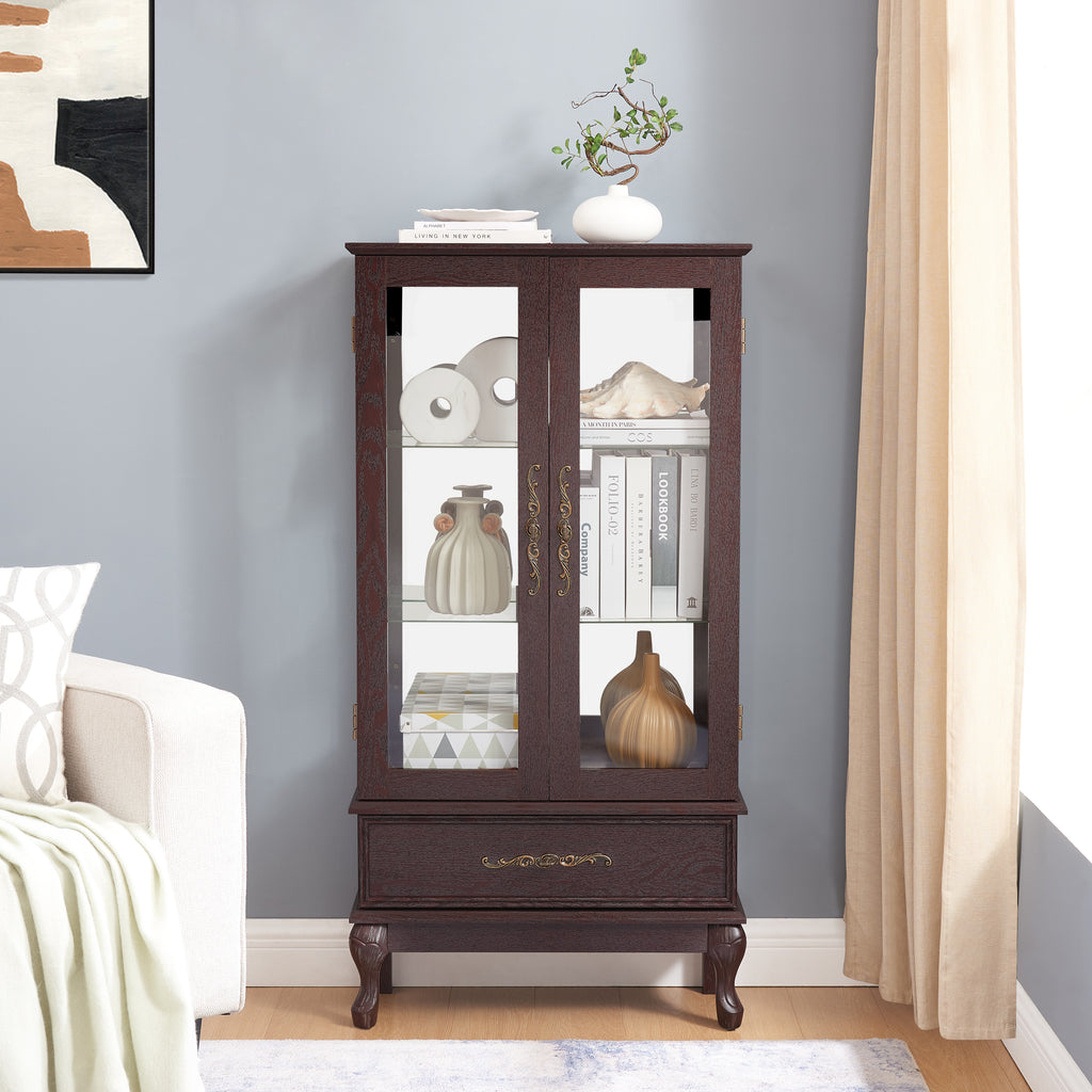Curio Cabinet Lighted Glass Cabinet Glass Wine Cabinet Curio Display Cabinet with Adjustable Glass Shelves 2 Doors and 1 drawer Cabinet Sideboard With Bulb Included Dark Cherry - Grand Goldman Shop