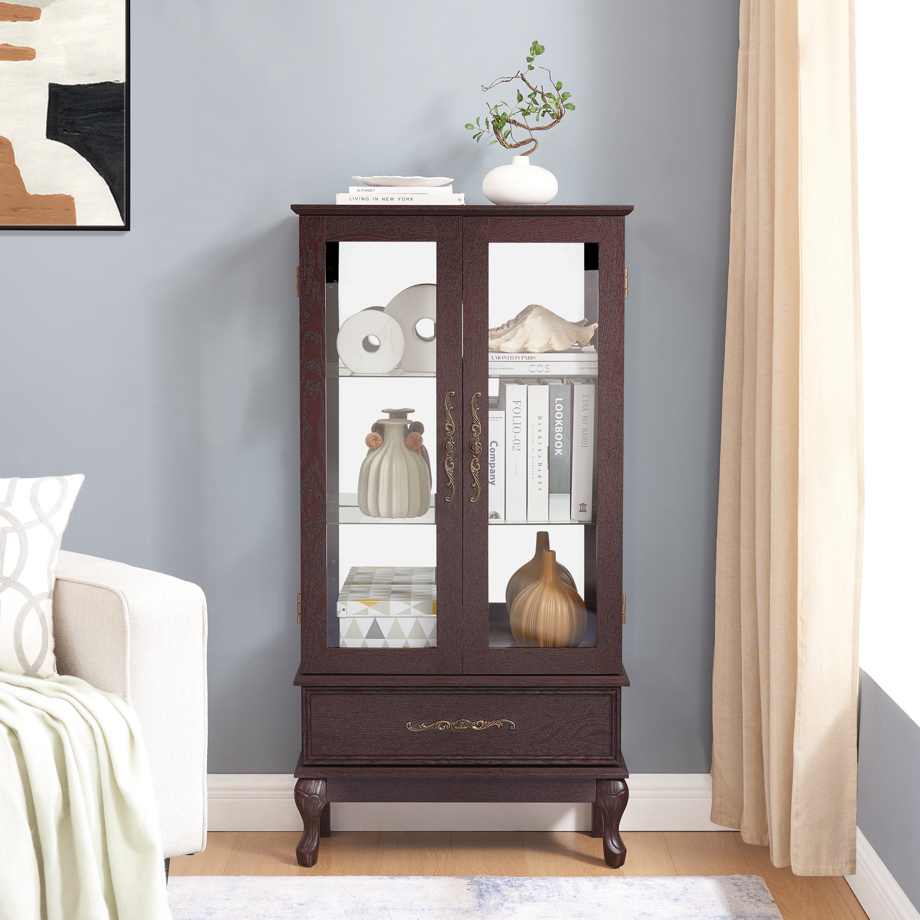 Curio Cabinet Lighted Glass Cabinet Glass Wine Cabinet Curio Display Cabinet with Adjustable Glass Shelves 2 Doors and 1 drawer Cabinet Sideboard With Bulb Included Dark Cherry - Grand Goldman Shop