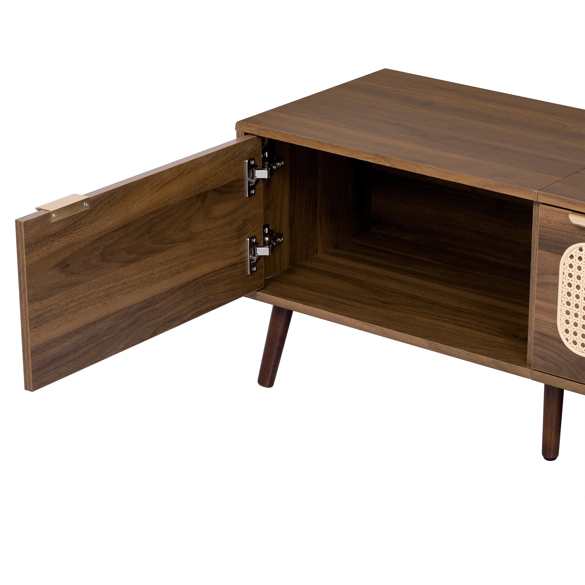 78' TV Stand for 75/80/85 inch TV with Walnut Finish, Ample Storage and Open Shelving in Solid Wood and Glass - Grand Goldman Shop