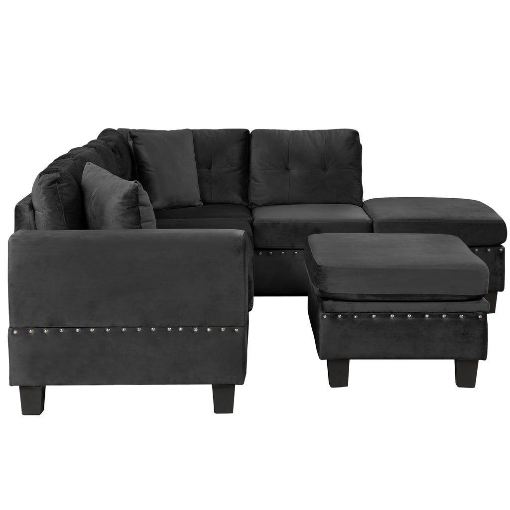 Modern Sectional Sofa with Storage Ottoman, L-Shape Couch with 2 Pillows and Cup Holders, Black Velvet, 105' - Grand Goldman Shop