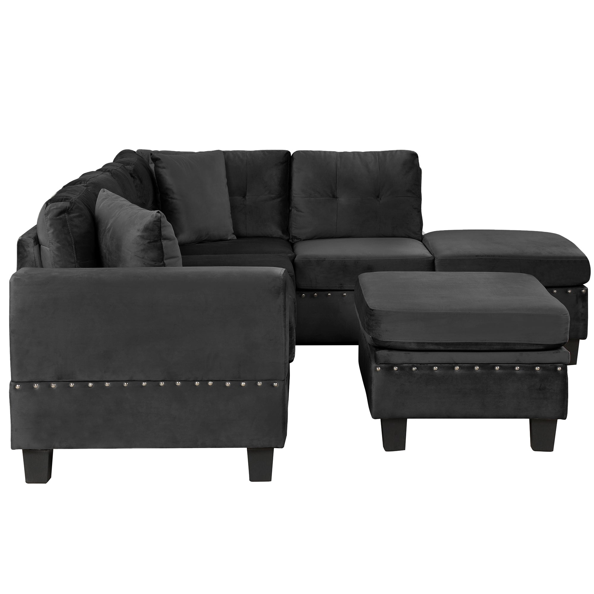 Modern Sectional Sofa with Storage Ottoman, L-Shape Couch with 2 Pillows and Cup Holders, Black Velvet, 105' - Grand Goldman Shop