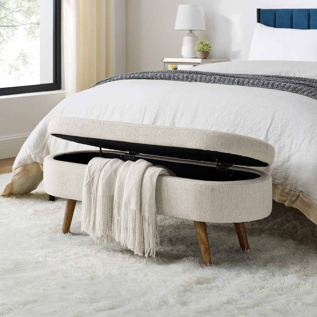 Ottoman Oval Storage Bench,Rubber Wood Legs, Beige(43.5'x16'x16') - Grand Goldman Shop