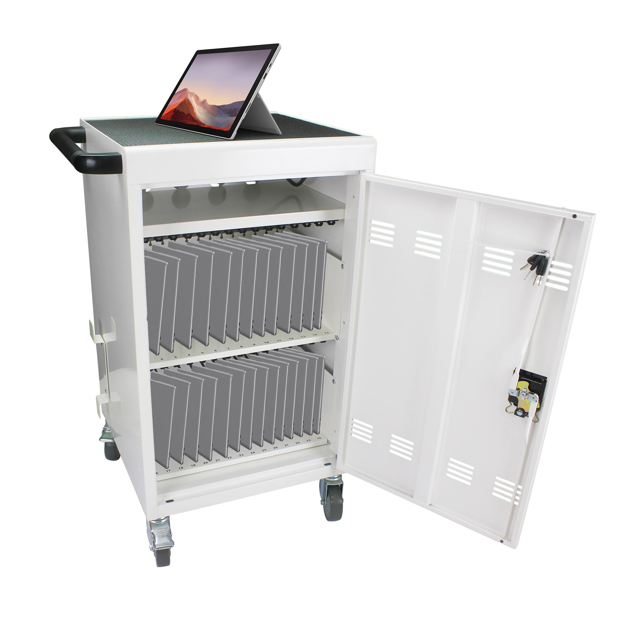 30+2 Bay Mobile School Charging Cart Station for Chromebook, Tablet and Laptop Computer with Power Strip Included - White - G