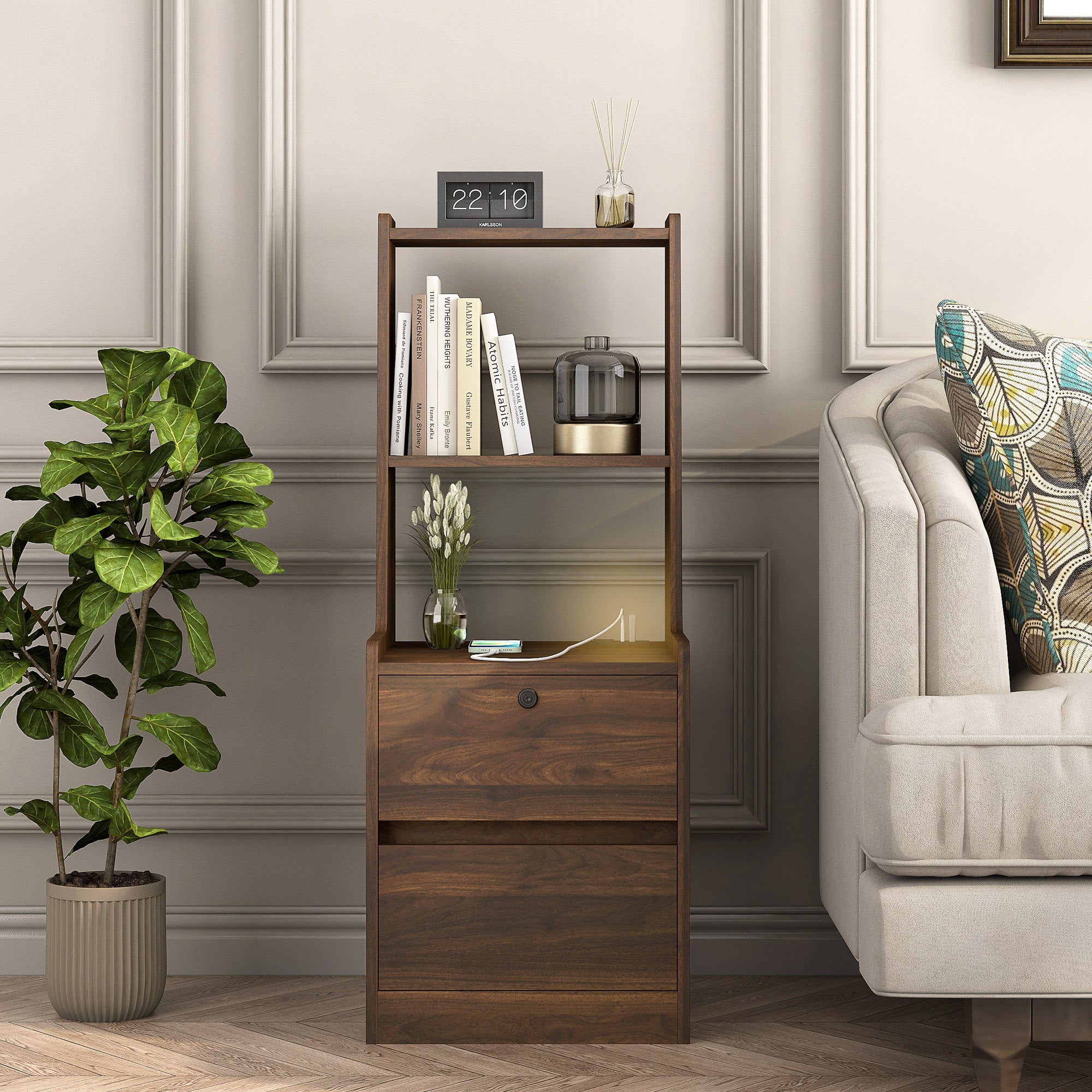 Nightstand with Charging Station, Smart Nightstand with Night Light, Modern Night Stand with Bookshelf, Bedside Tables with Storage Cabinet for Bedroom, Wood - Grand Goldman Shop