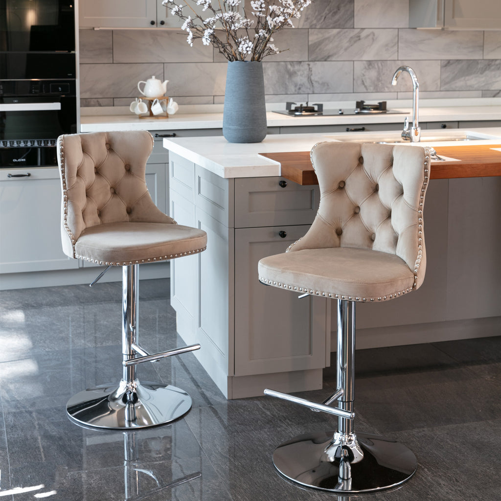A&A Furniture,Swivel Velvet Barstools Adjusatble Seat Height from 25-33 Inch, Modern Upholstered Chrome base Bar Stools with Backs Comfortable Tufted for Home Pub and Kitchen Island（Khaki,Set of 2） - Grand Goldman Shop